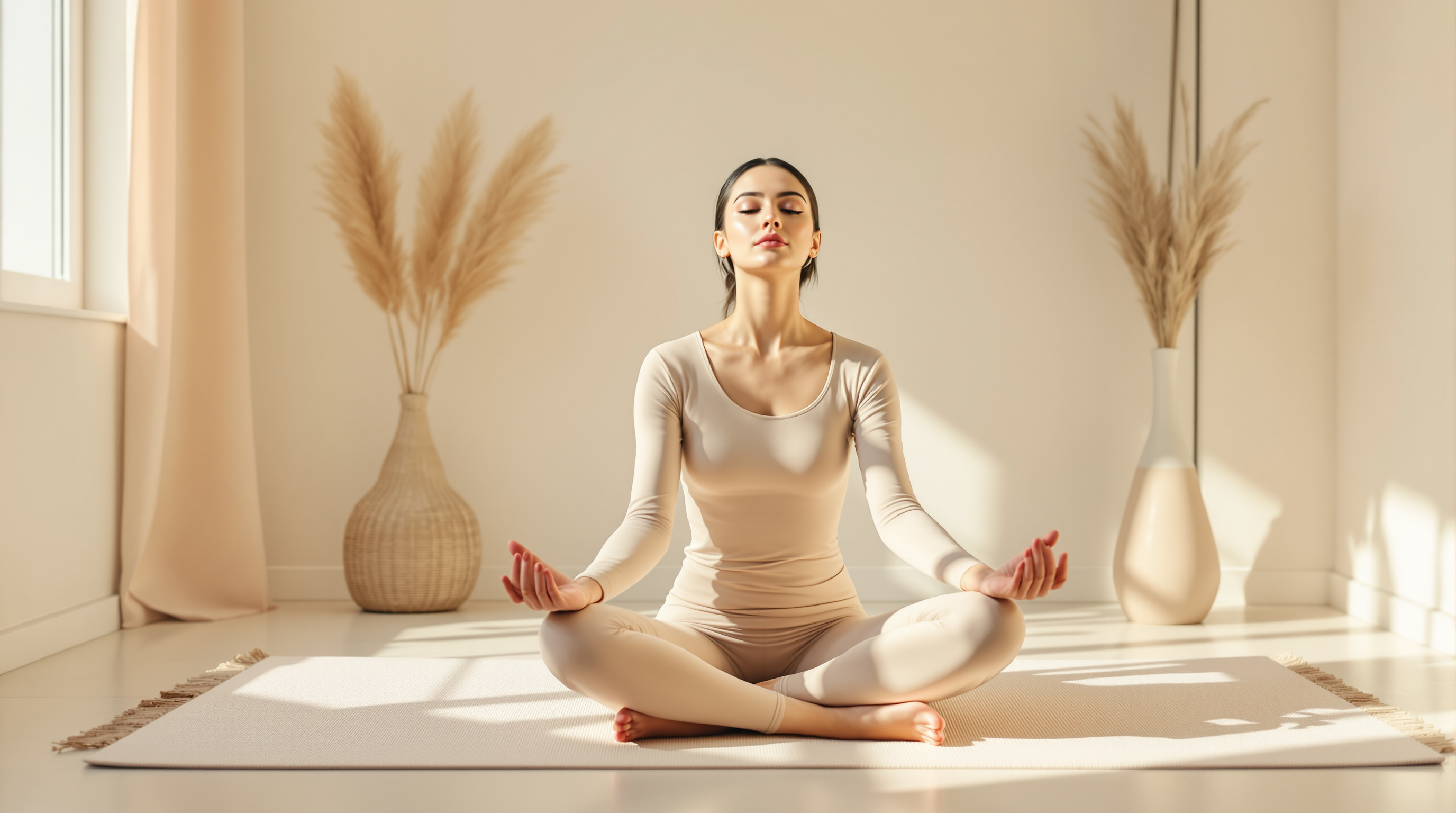 A woman in a long-sleeve top and full-length leggings holds a calm seated stretch on a mat in a sunlit room
