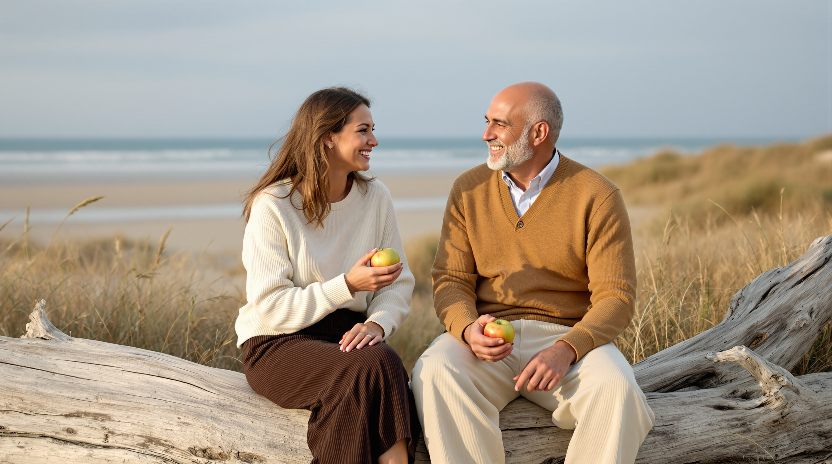 Two friends sit together on a driftwood log above a quiet beach holding an apple
