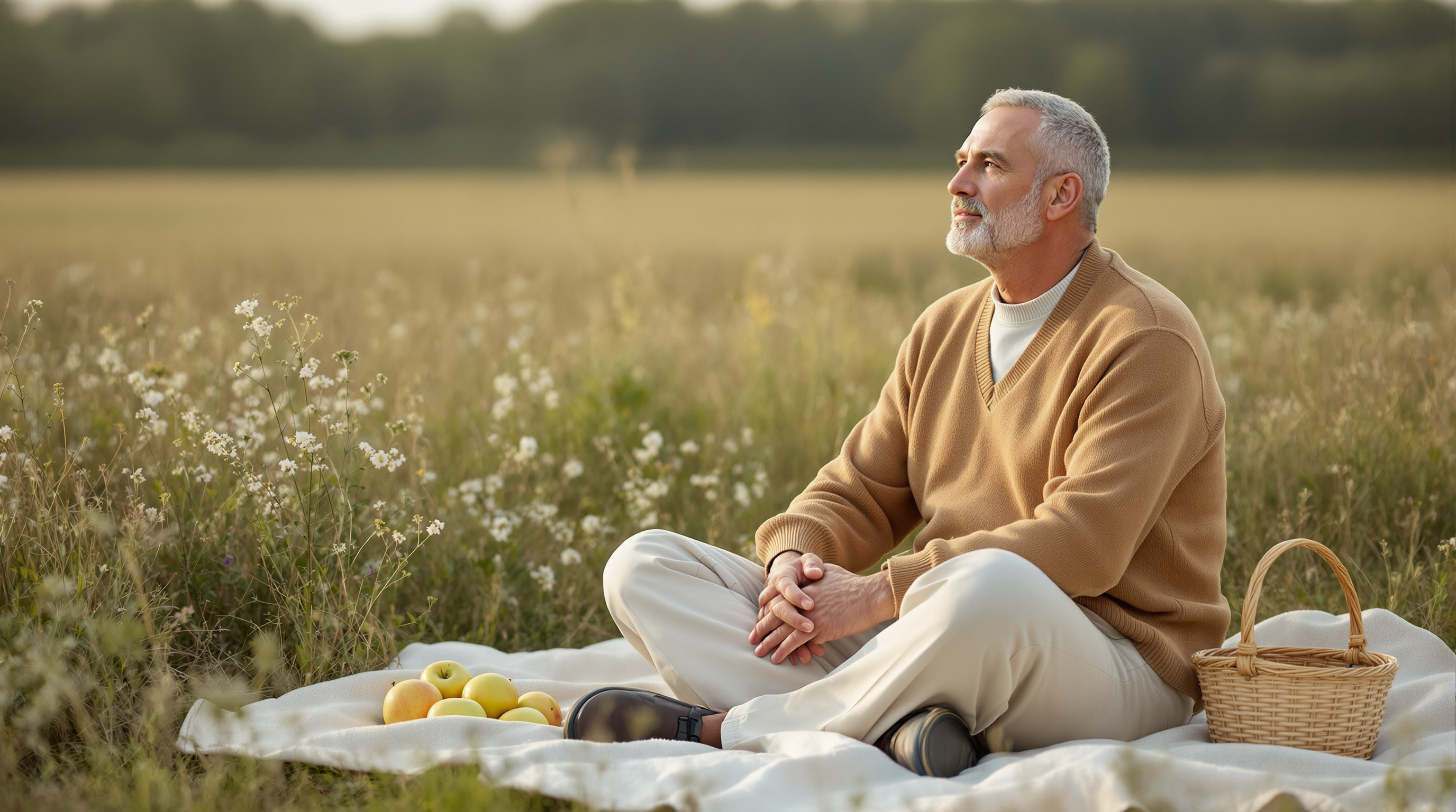 A man sits on a blanket in a meadow beside a basket of apples