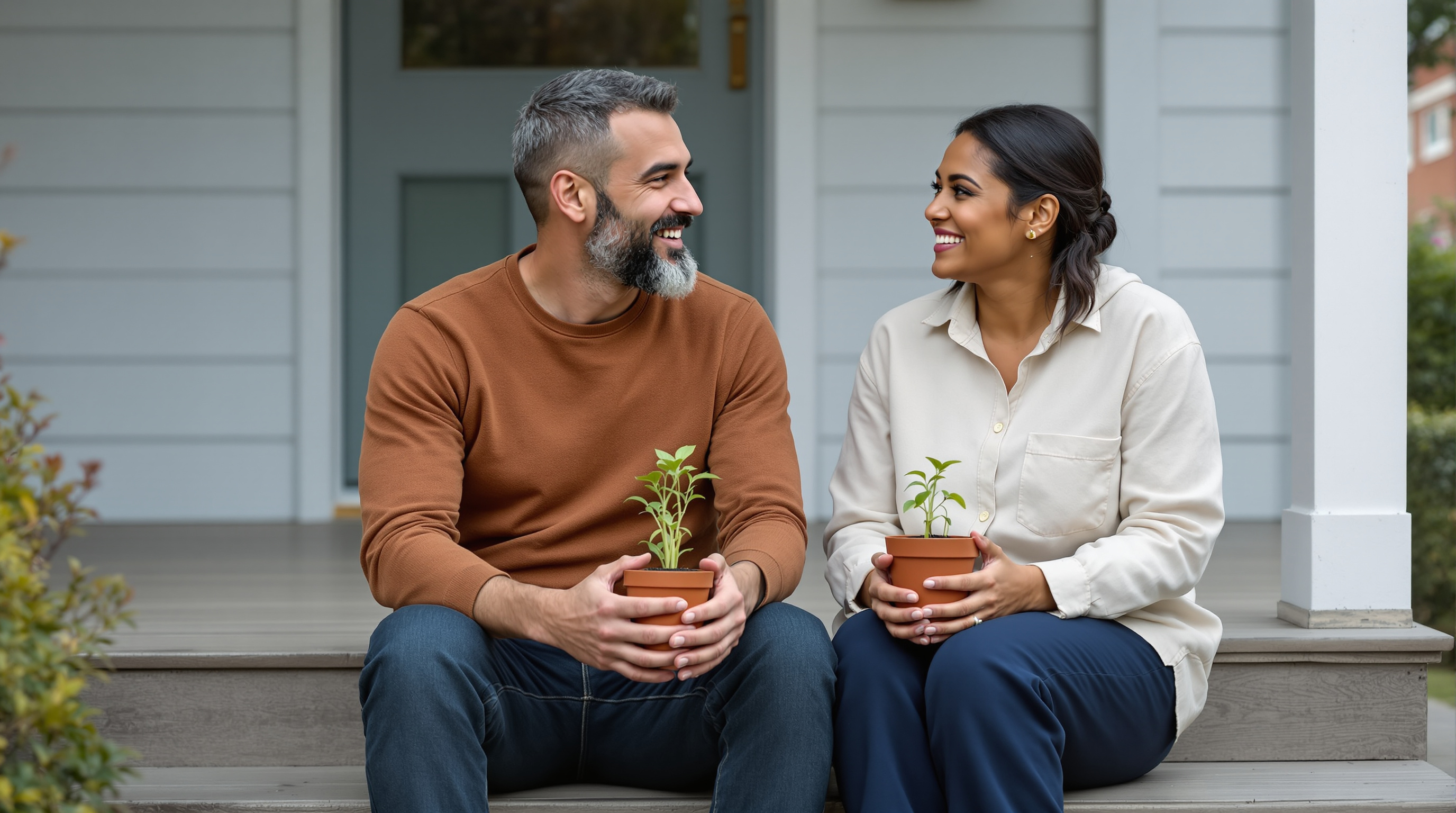 Two friends sit together on the front steps of a house holding a pot of seedlings
