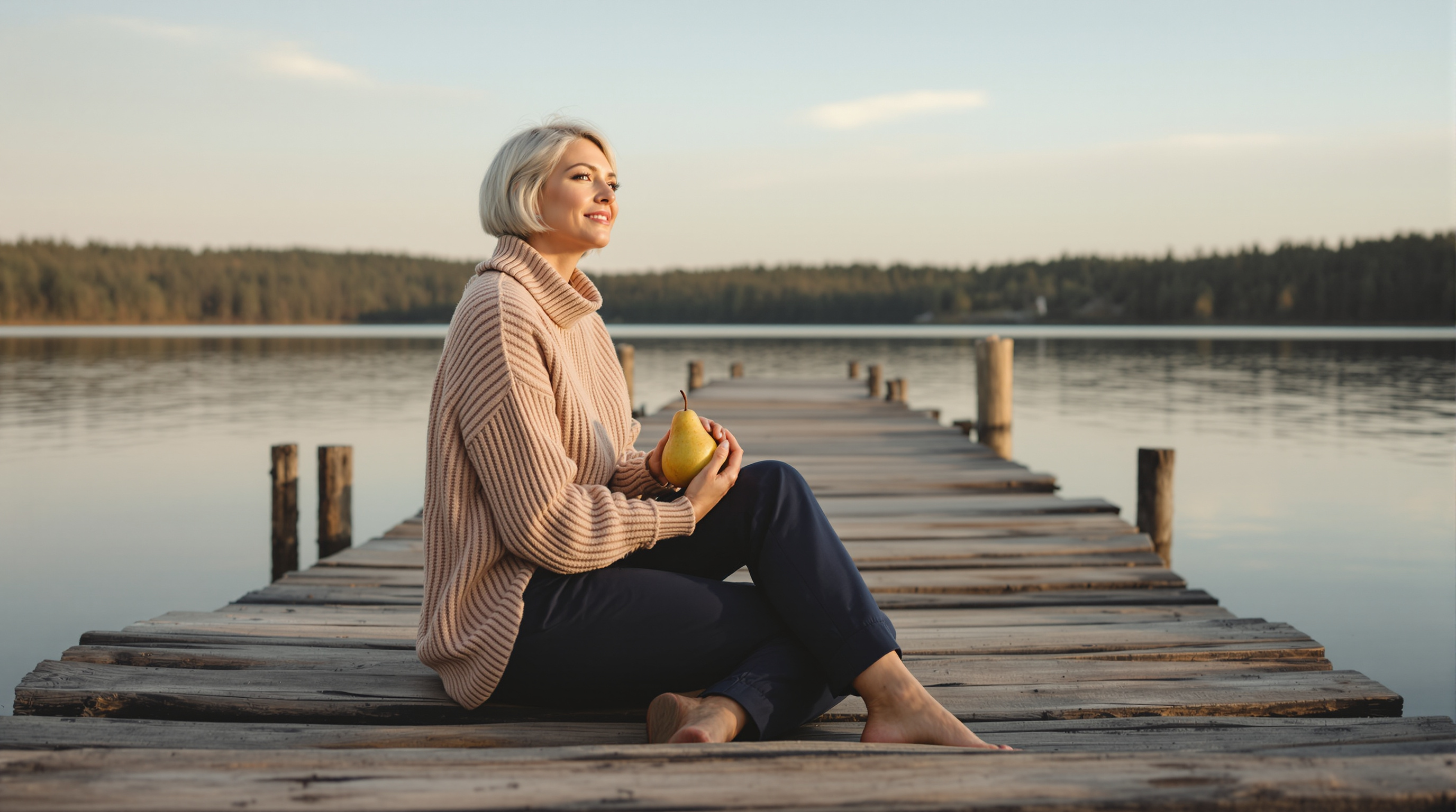 A woman sits at the end of a lakeside dock holding a pear