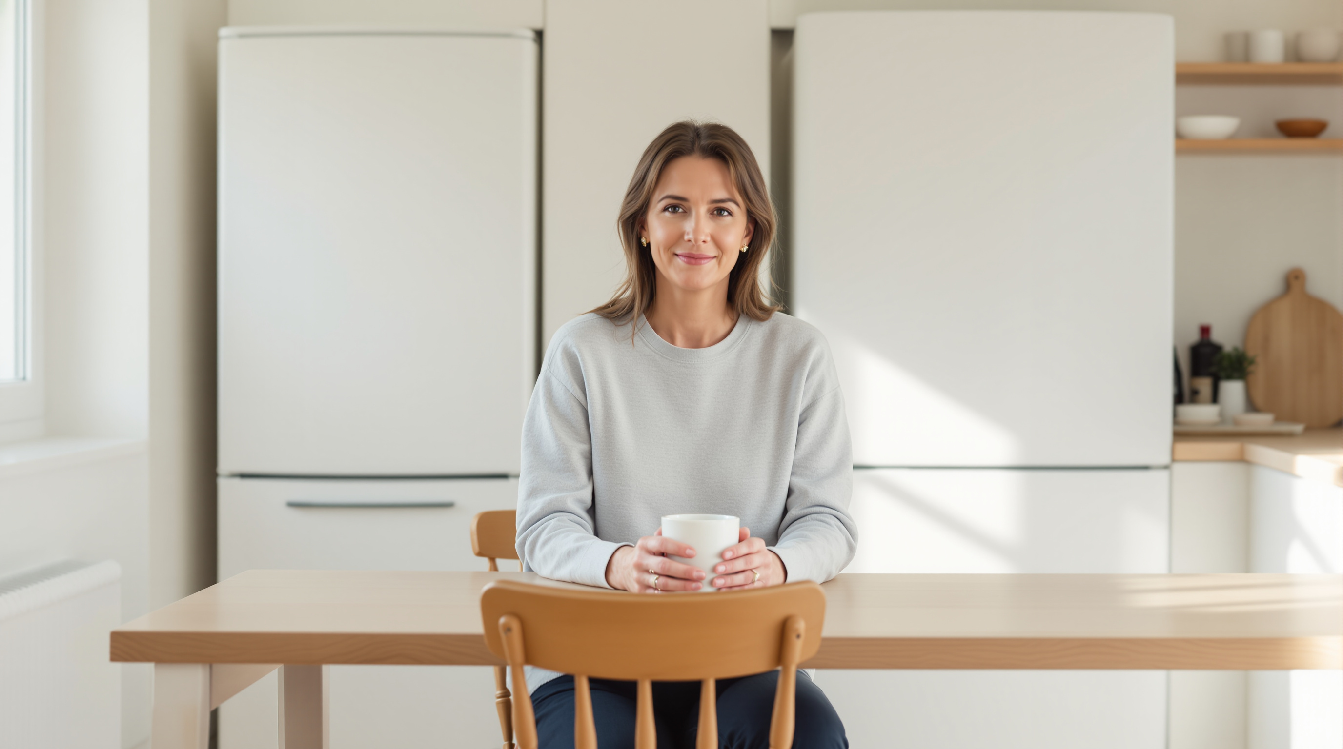 A woman sits at a kitchen table facing the camera, holding a plain white mug in both hands.