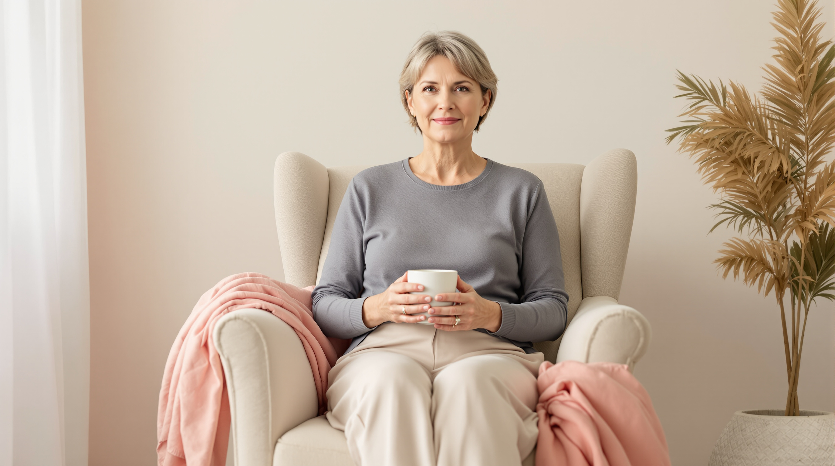 A woman rests in an armchair with a plain mug held in her lap