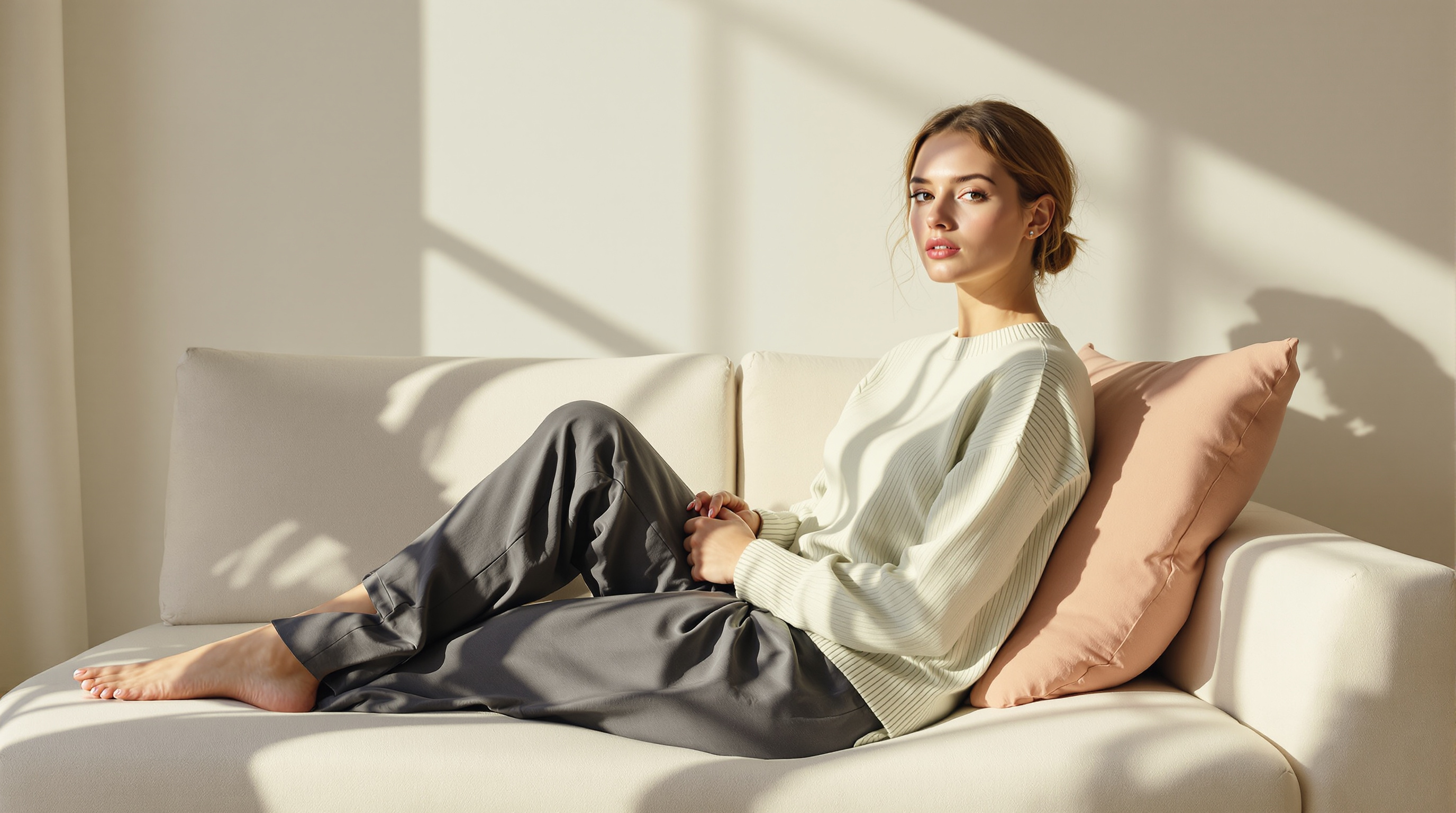 A woman in a sage sweater rests on a linen sofa in a quiet sunlit room
