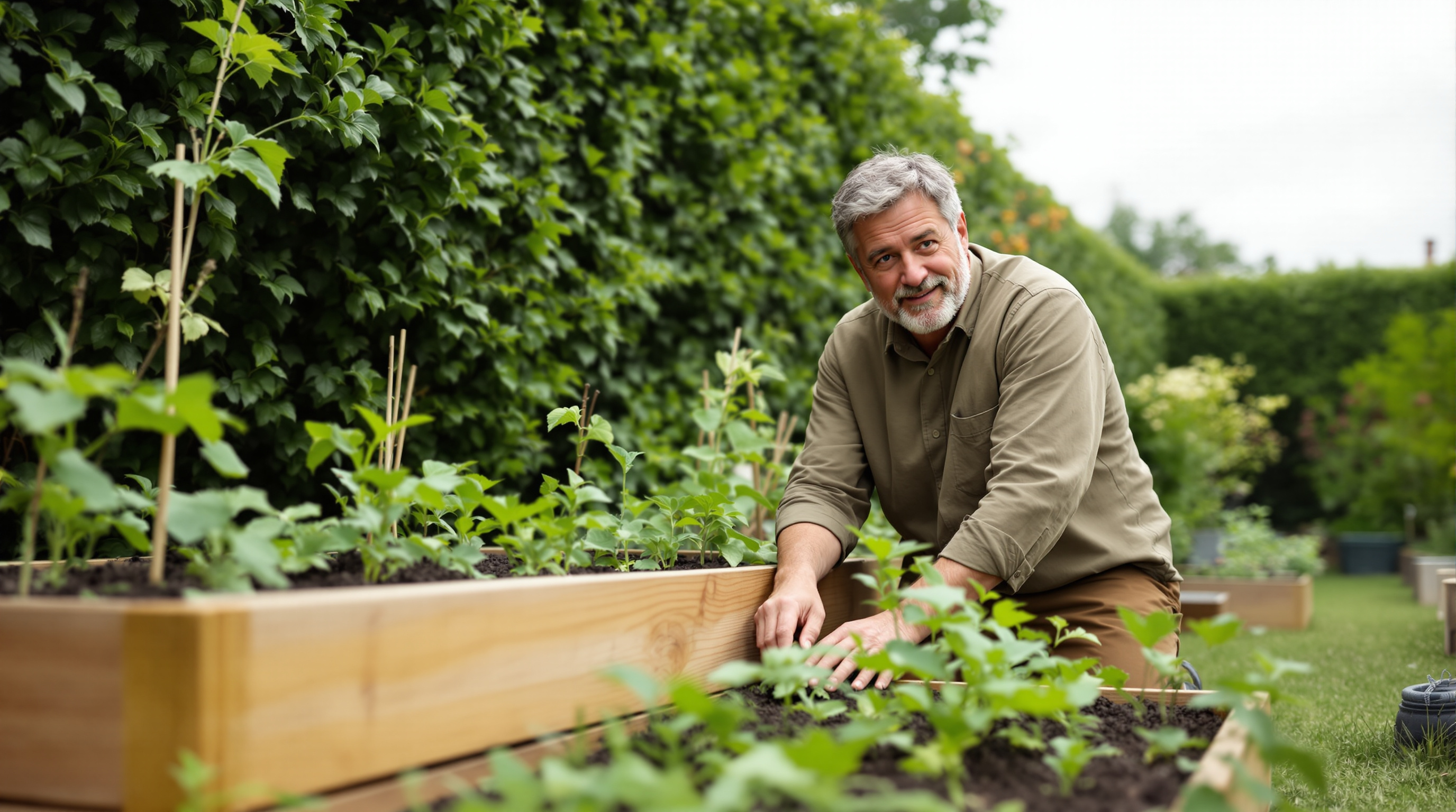 A man in a long-sleeve shirt and work trousers kneels beside a raised vegetable bed in a small garden