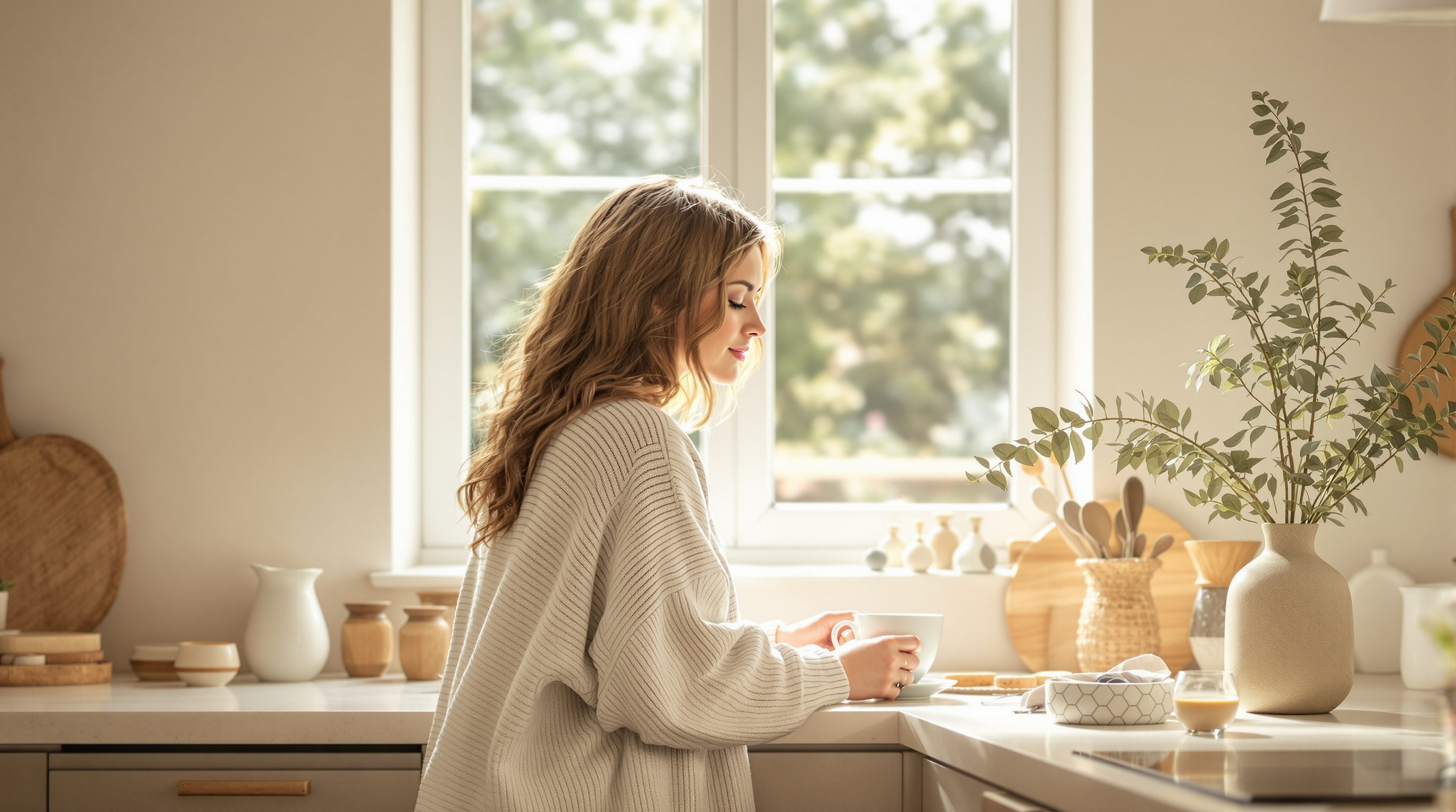 A woman stands at a sunlit kitchen counter in the morning, holding a cup of coffee and looking out the window.