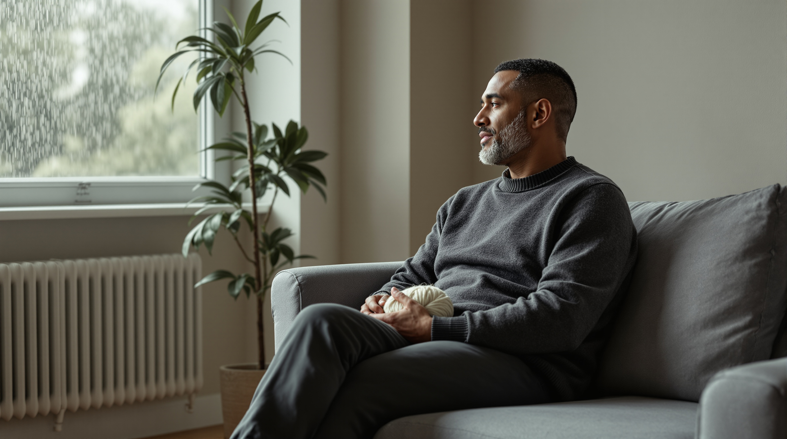 A man sits on a sofa in a quiet living room with a ball of yarn