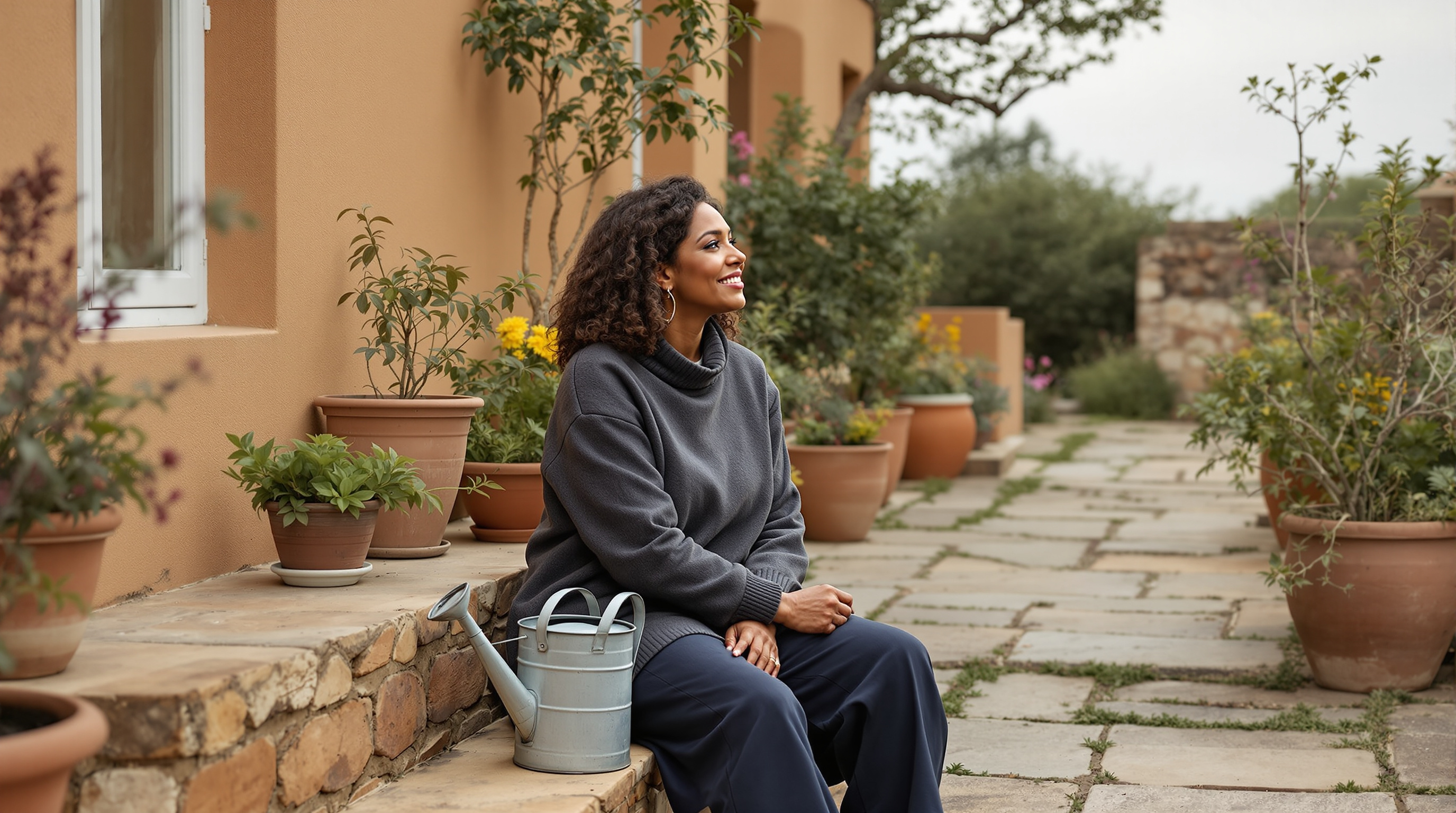 A woman sits on a stone step in a walled courtyard beside a watering can