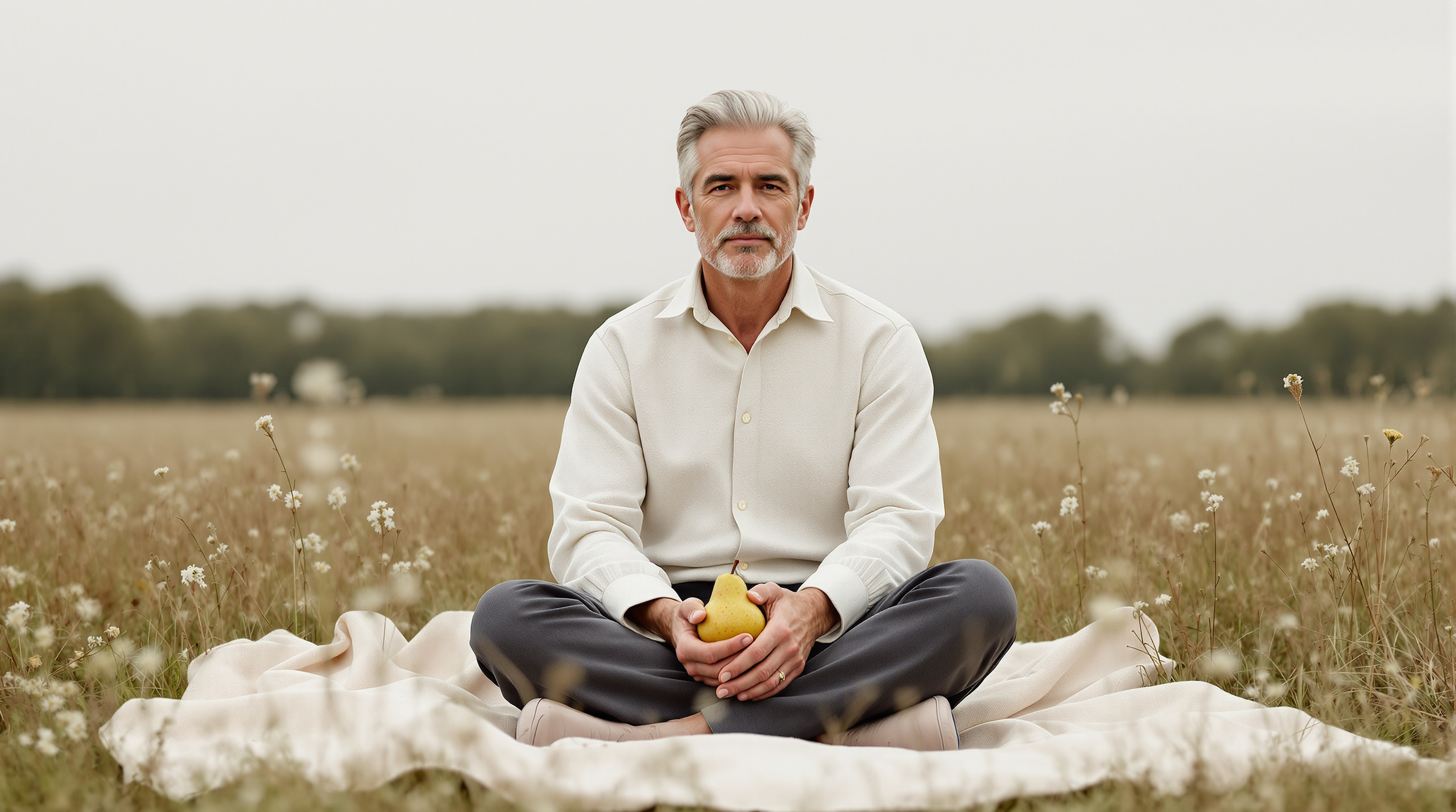 A man sits on a blanket in a meadow holding a pear