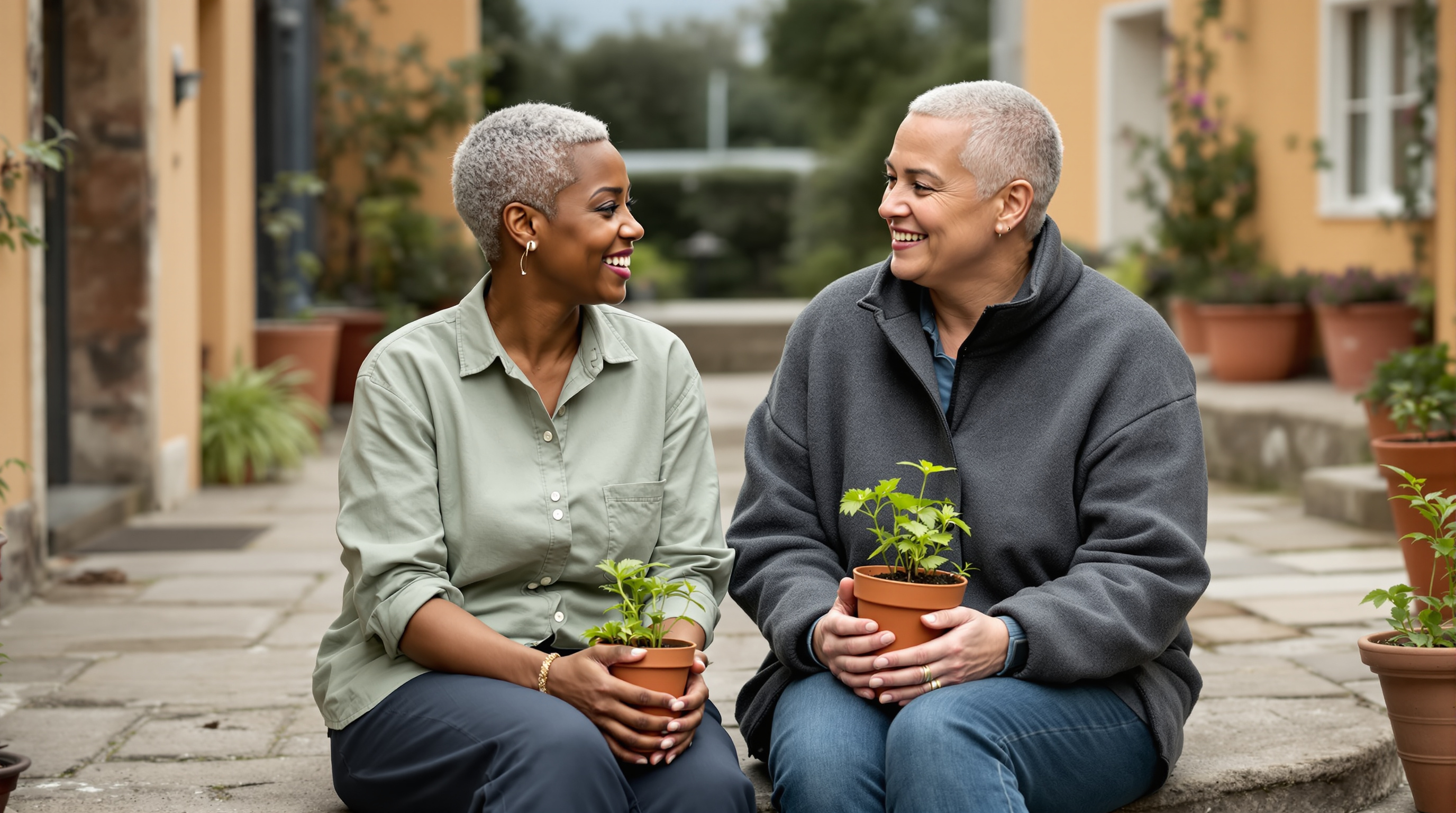 Two friends sit together on a stone step in a walled courtyard holding a pot of seedlings
