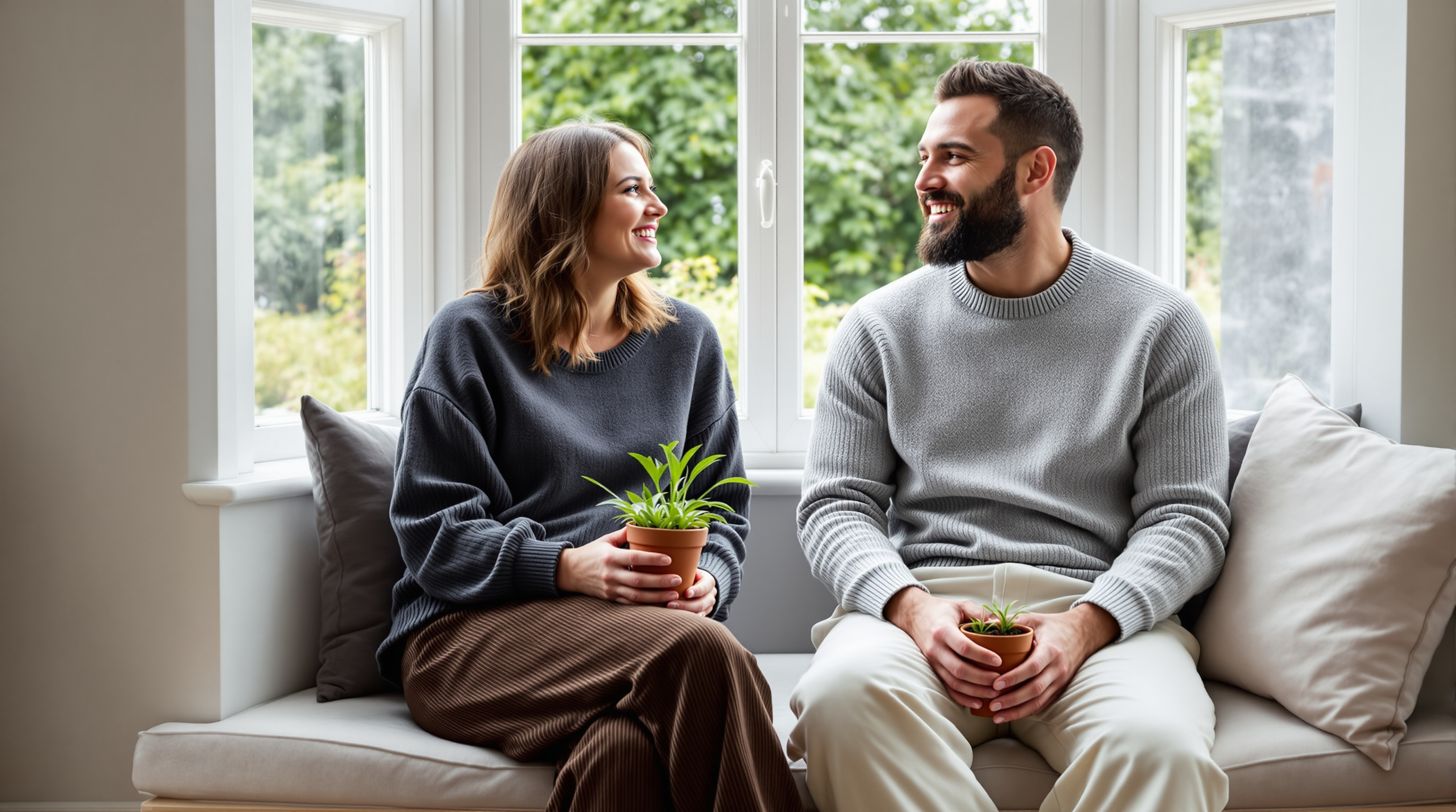 Two friends sit together on a window seat holding a pot of seedlings