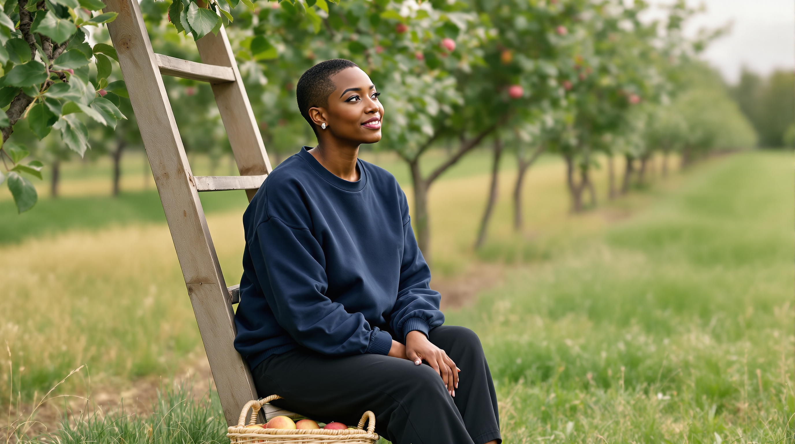 A woman sits on a ladder in an orchard beside a basket of apples