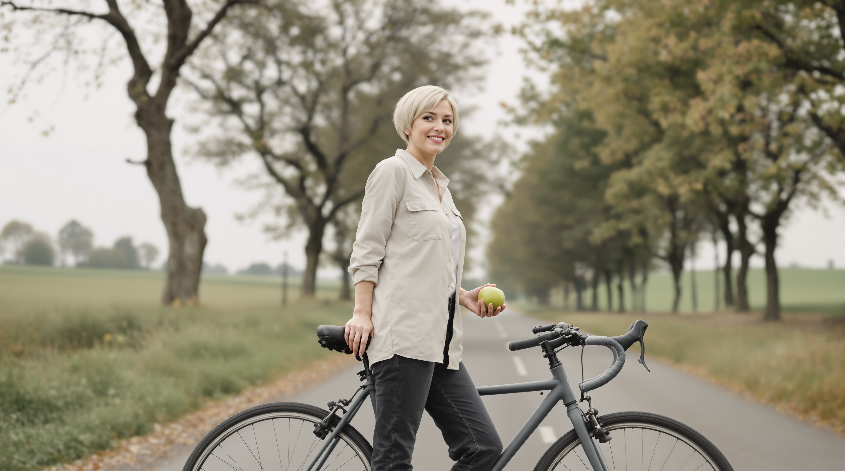 A woman stands beside a bicycle in a quiet lane holding an apple