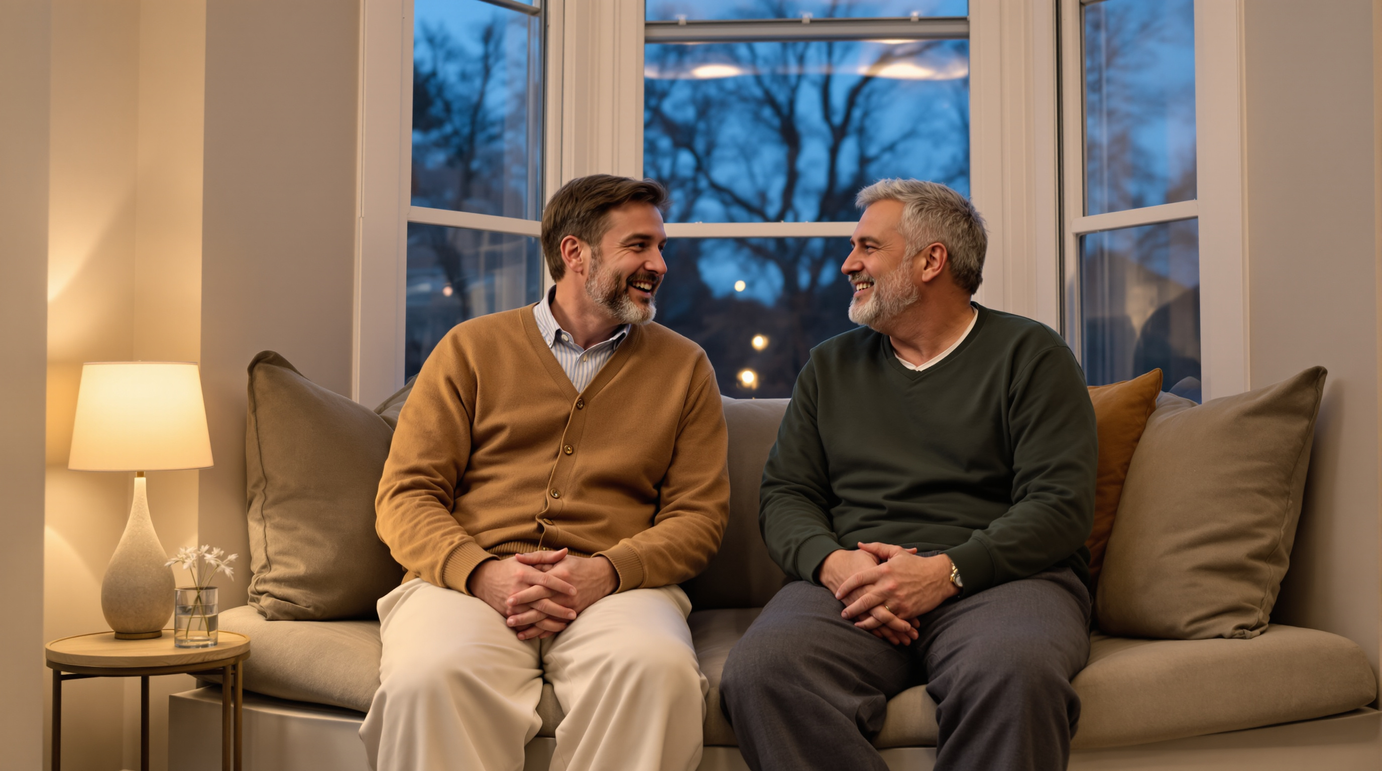 Two friends sit together on a window seat