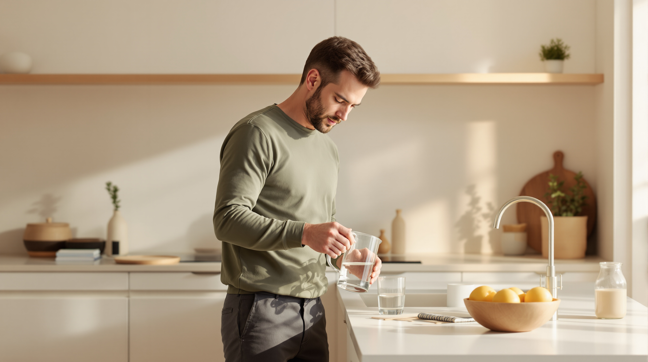 A man fills a glass of water from a jug at a clear kitchen counter in morning light