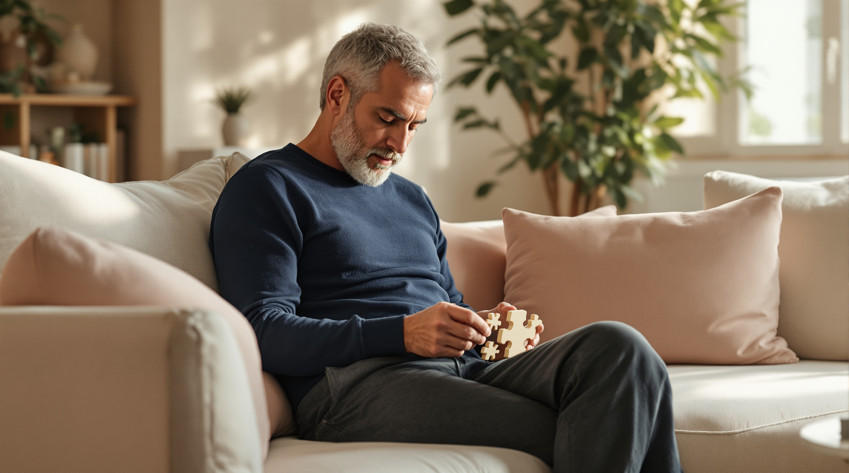 A man in a navy knit top and charcoal trousers sits on a neutral sofa holding a small wooden puzzle