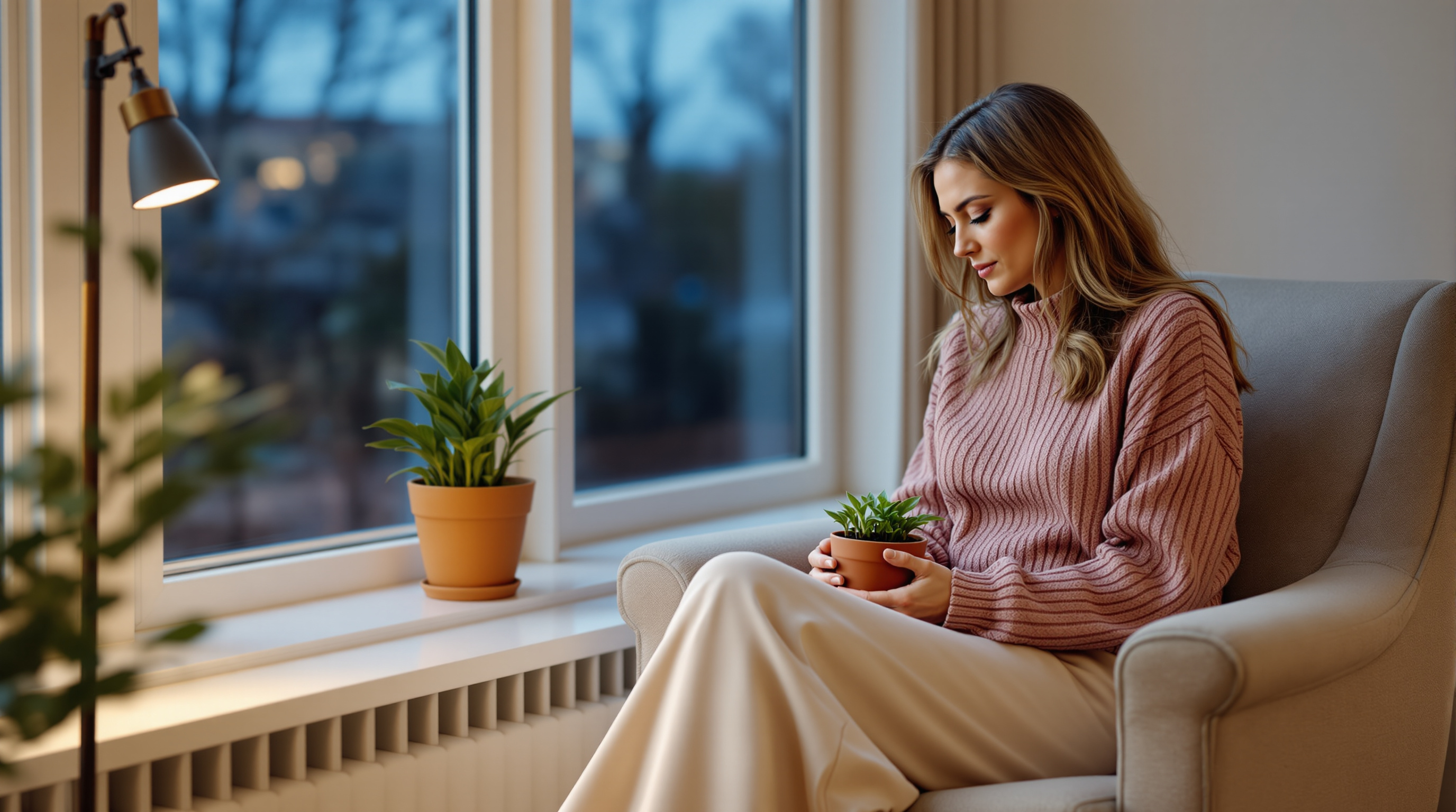A woman sits in an armchair beside a window holding a pot of seedlings