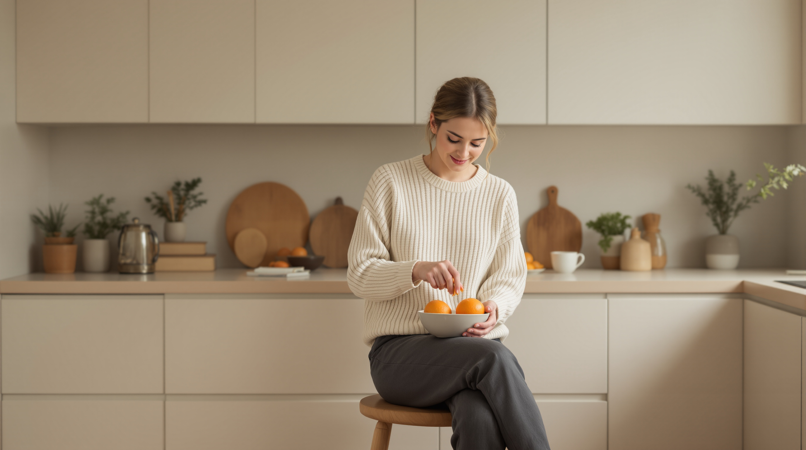 A woman in a cream jumper and charcoal trousers peels an orange at a quiet kitchen counter