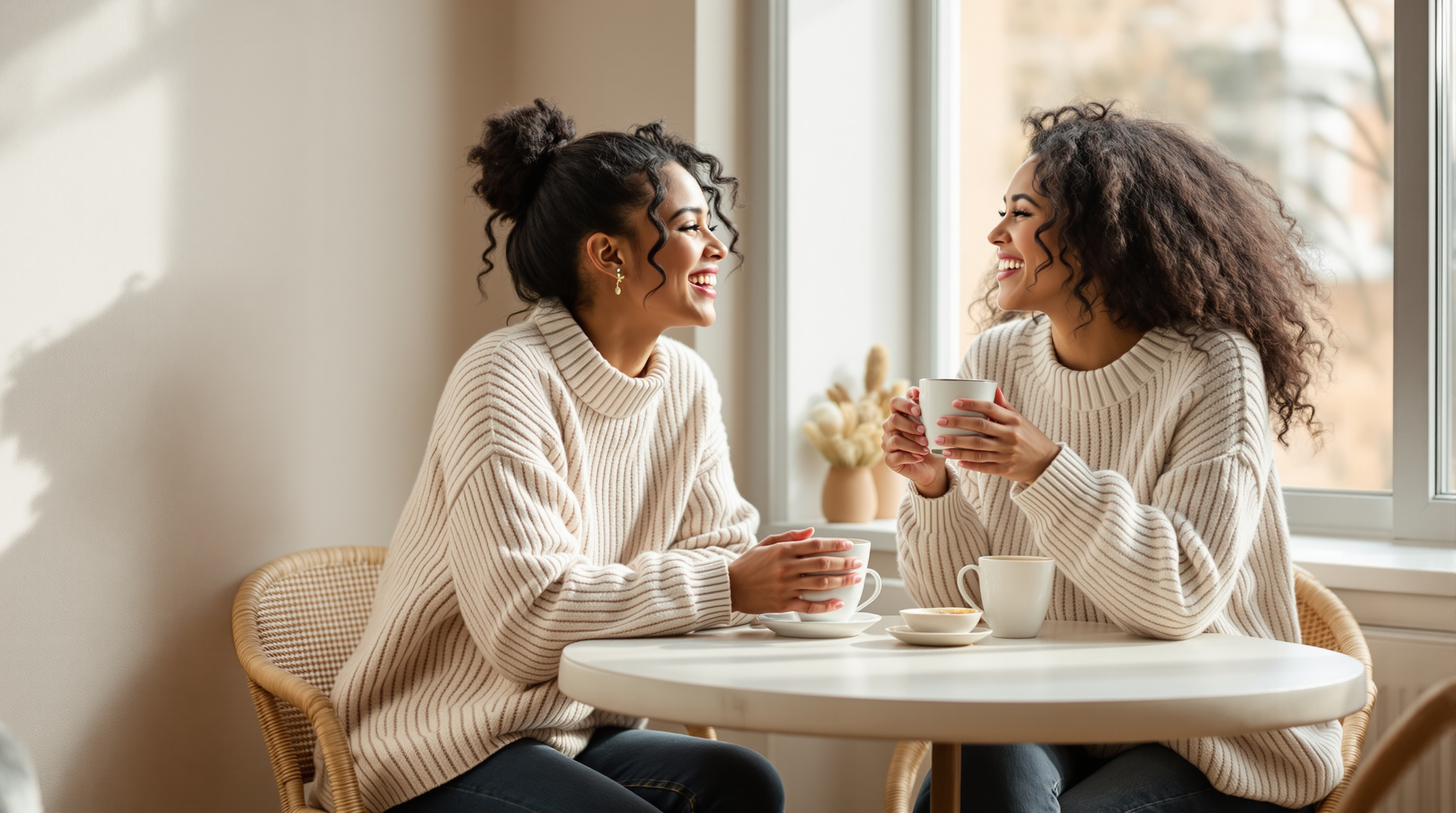 Two friends in soft knit sweaters laughing together over coffee at a sunlit cafe table by a window