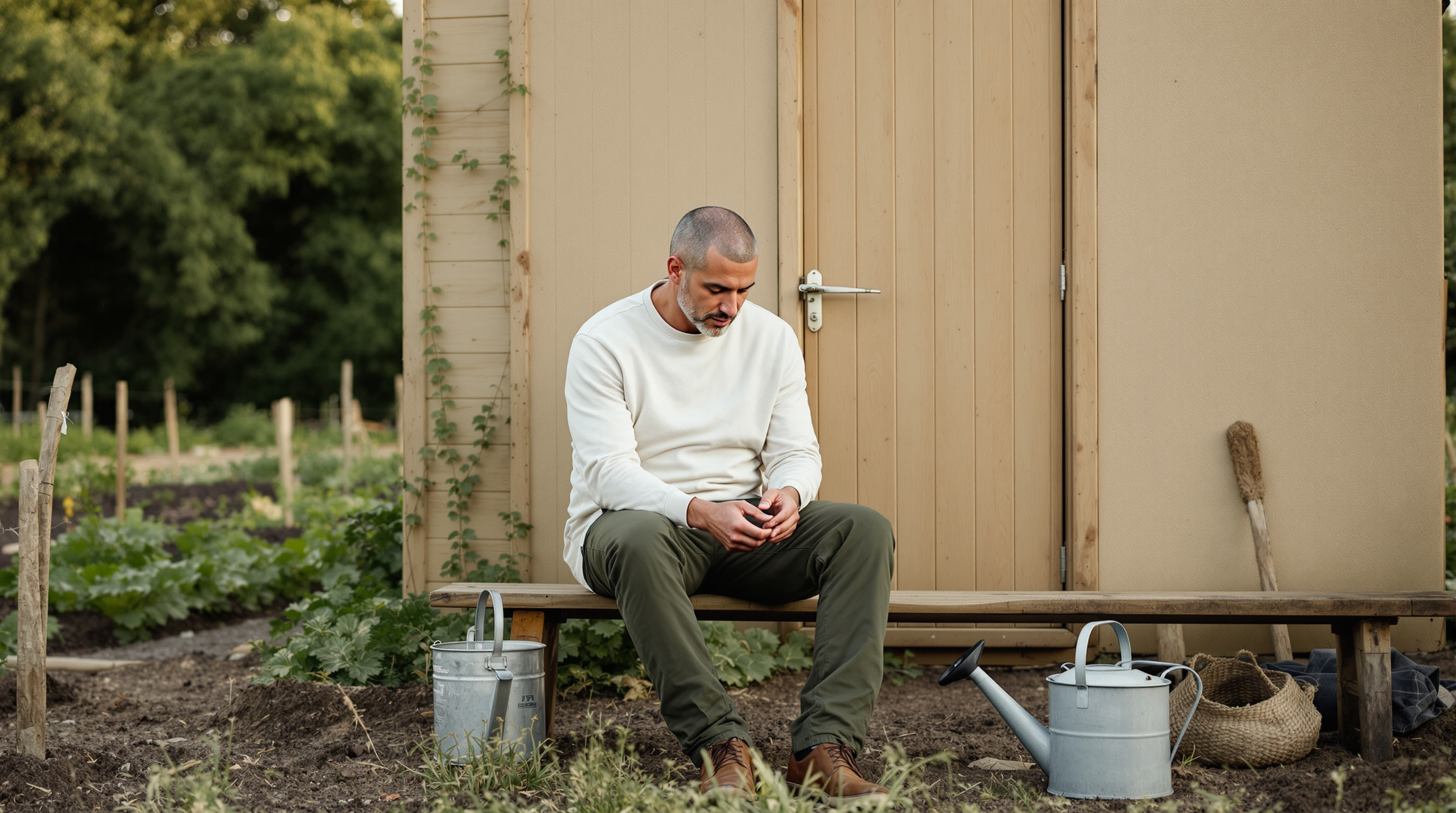 A man sits on a bench beside an allotment shed beside a watering can