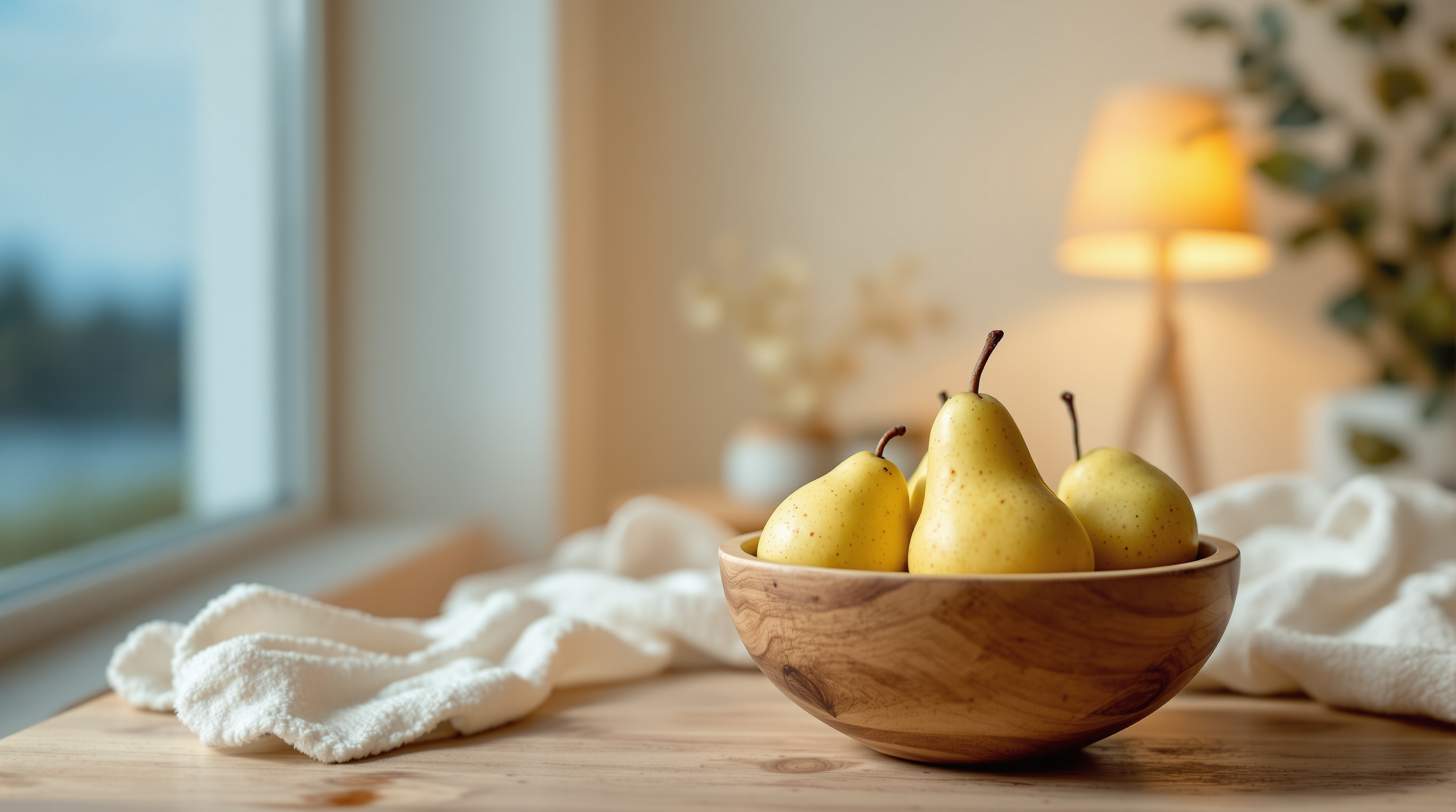 A small plain wooden bowl of pears on bare wood, a close view