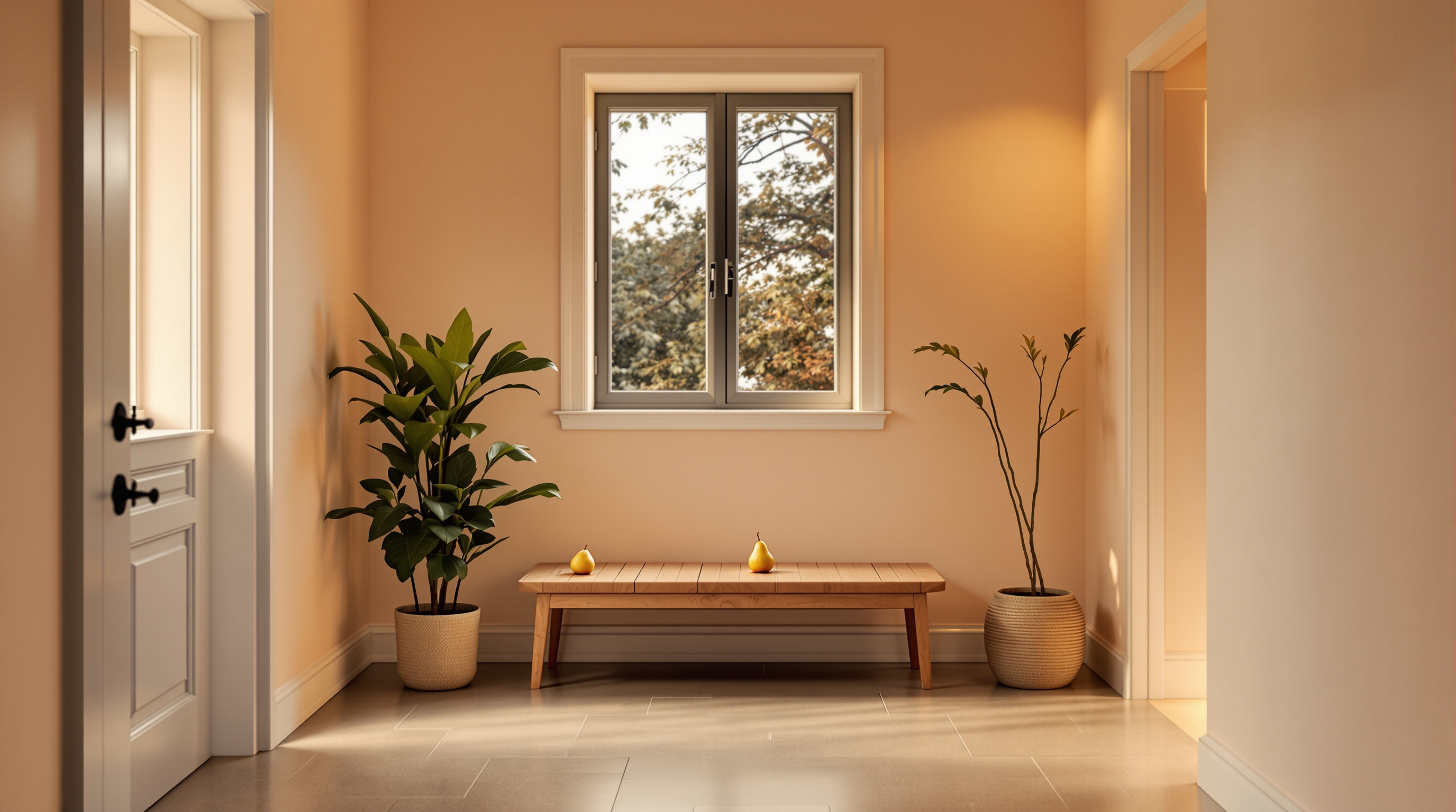 An empty bench in a bright entryway with a pear