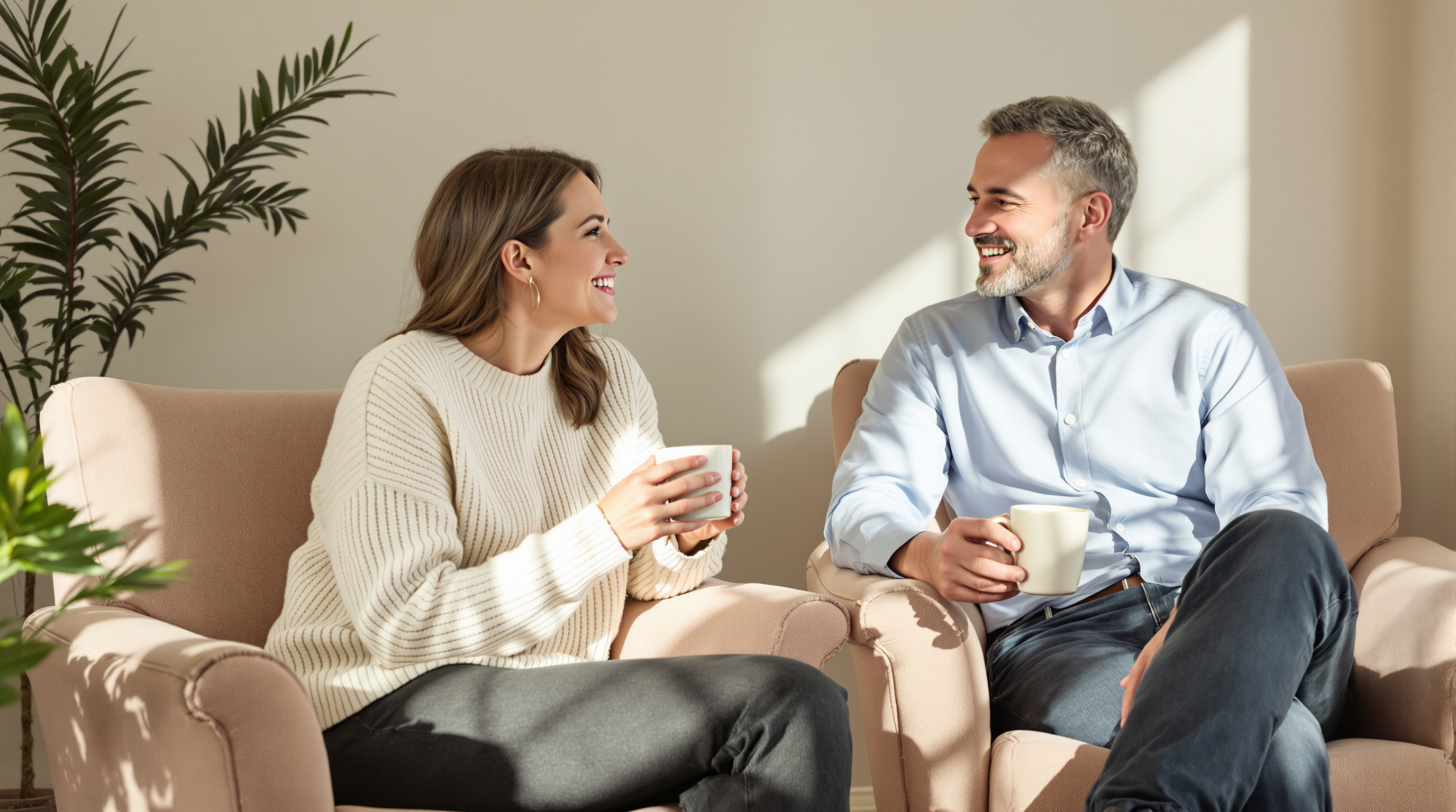 Two friends in armchairs talk quietly over plain mugs in a sunlit room