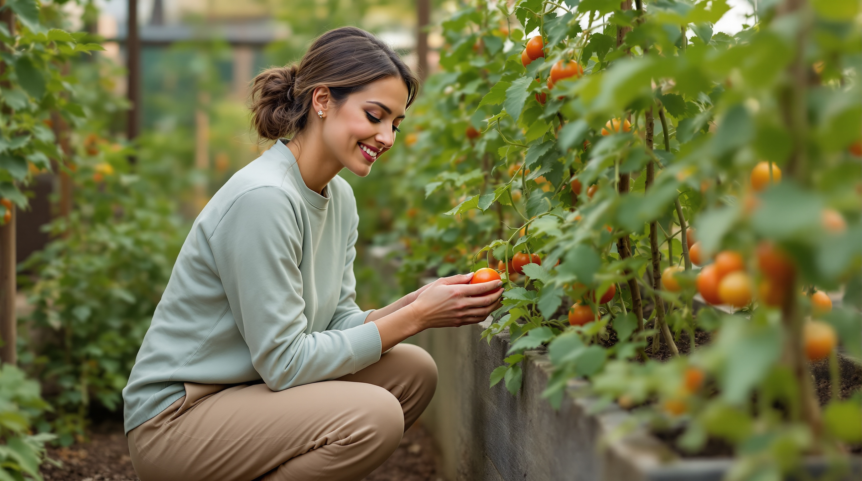 A woman in a sage shirt checks tomato vines in a quiet vegetable garden