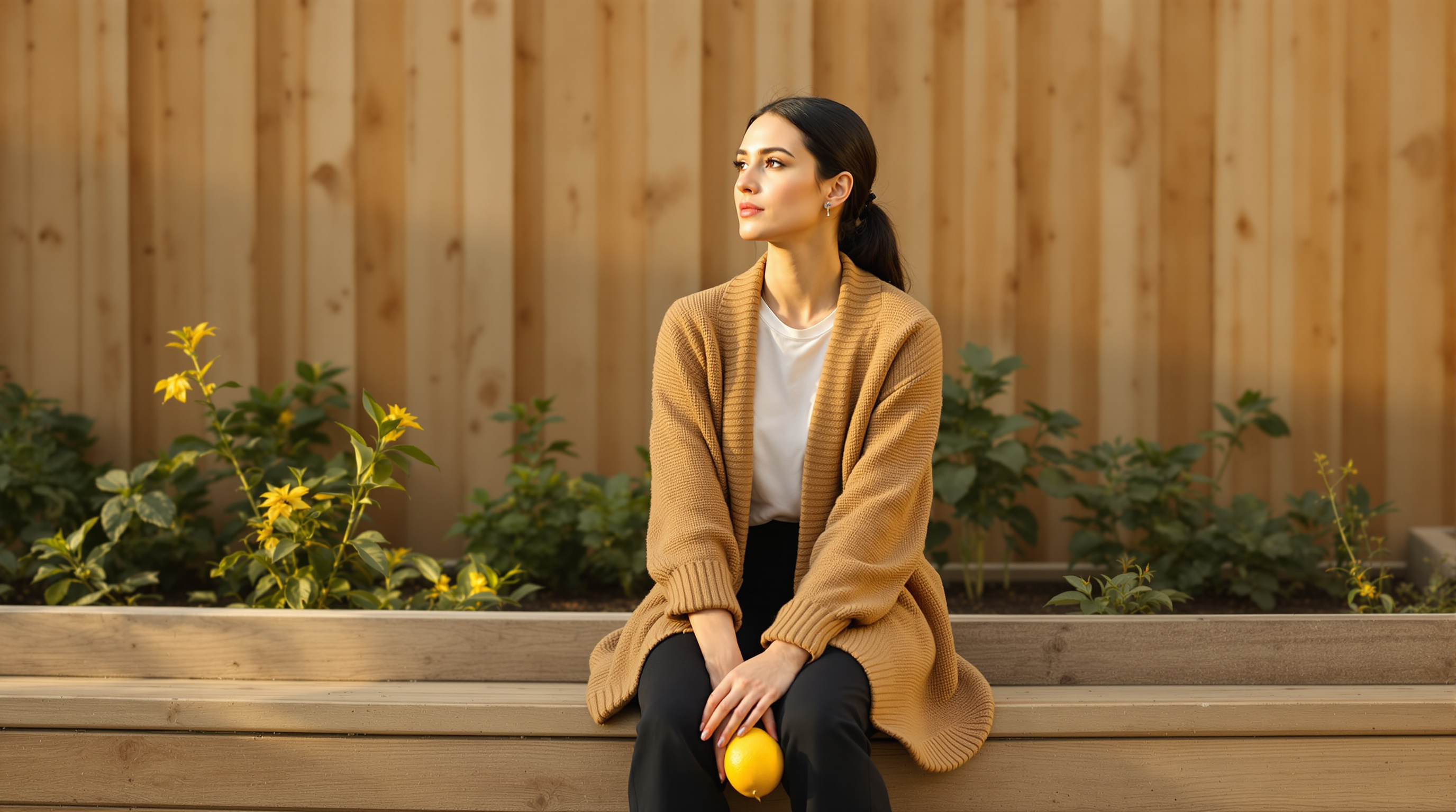 A woman sits on the edge of a raised garden bed holding a lemon