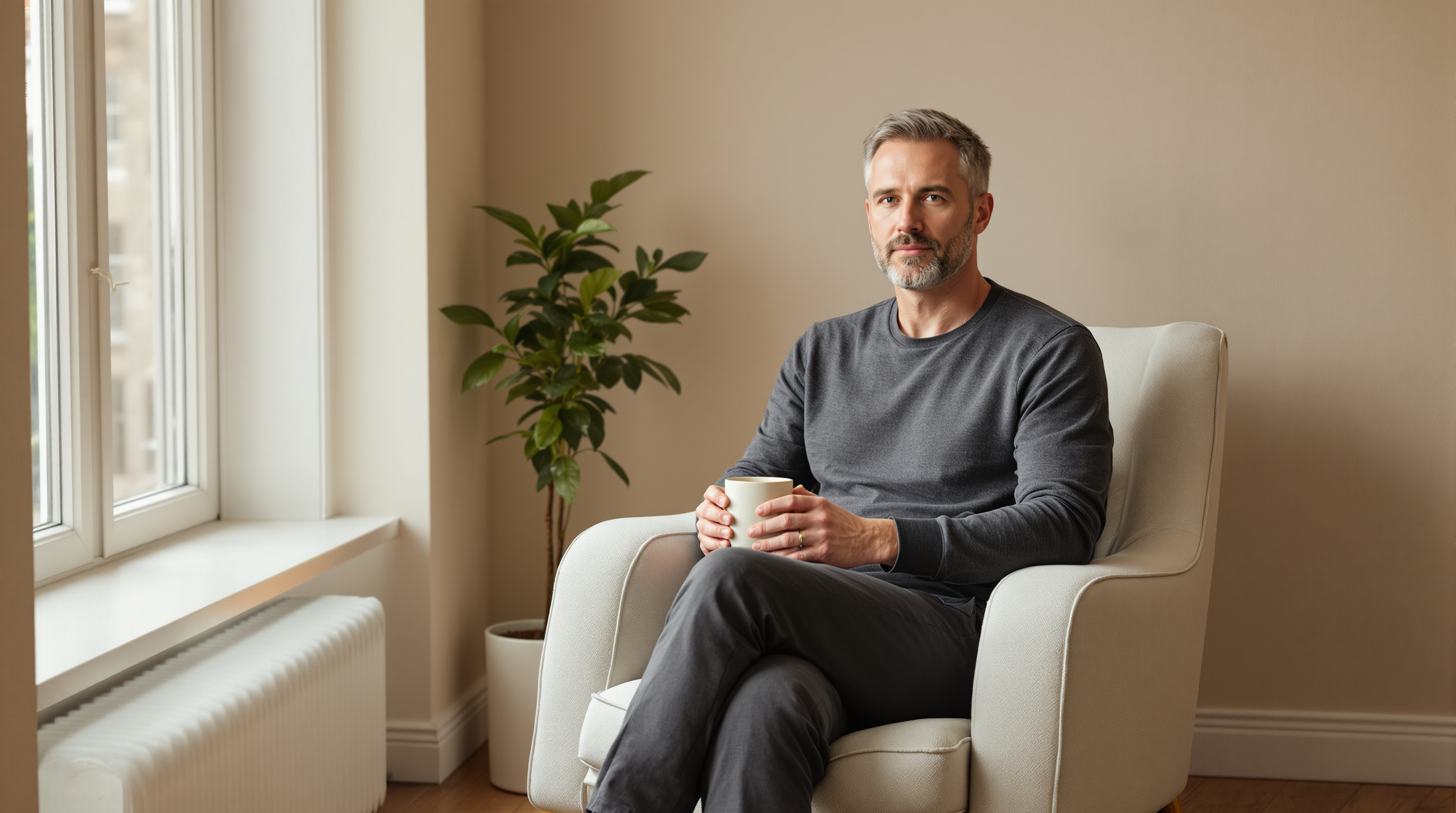 A man sits in a linen armchair beside a bright window, a plain ceramic mug held in both hands