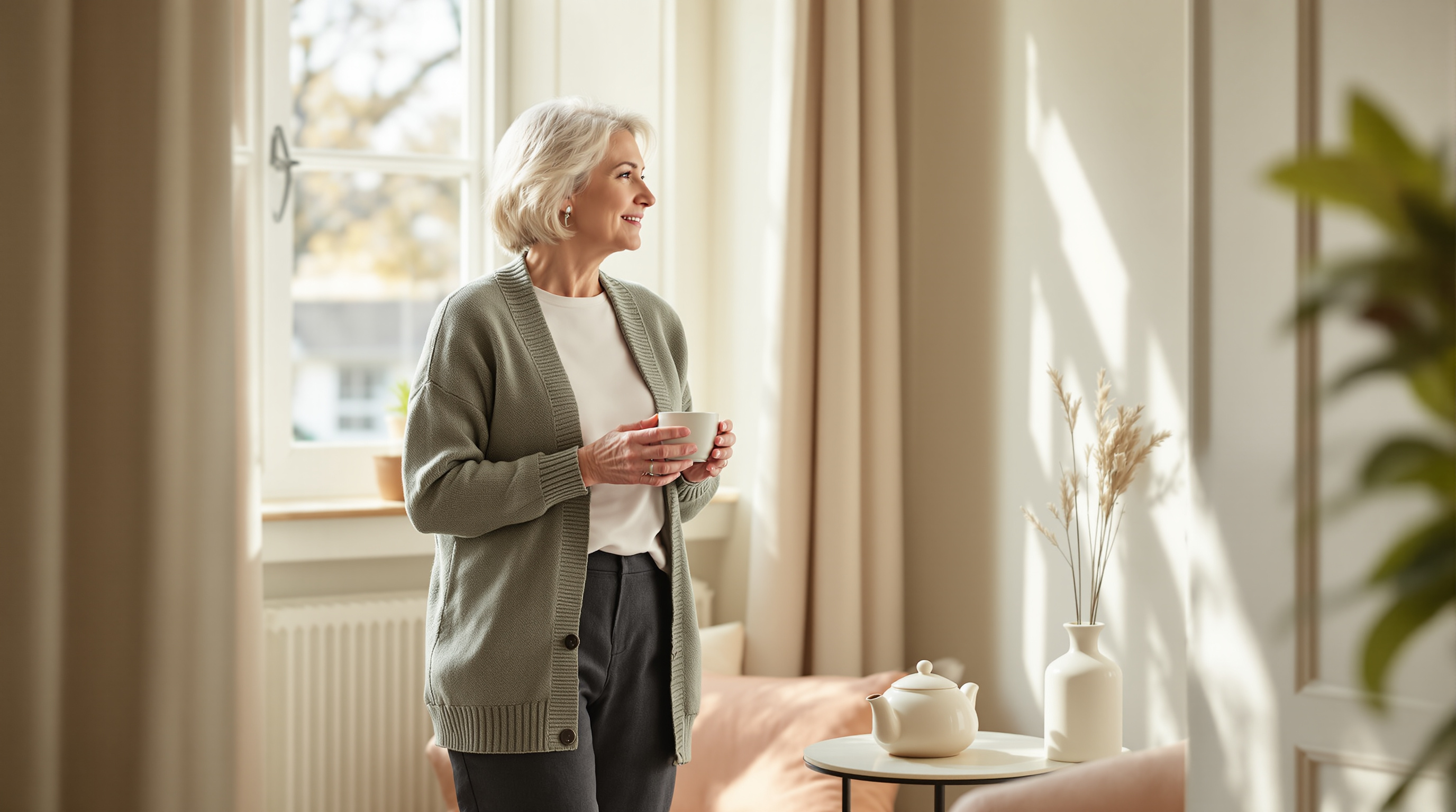 A woman holds a ceramic cup beside an armchair in a quiet sunlit sitting room