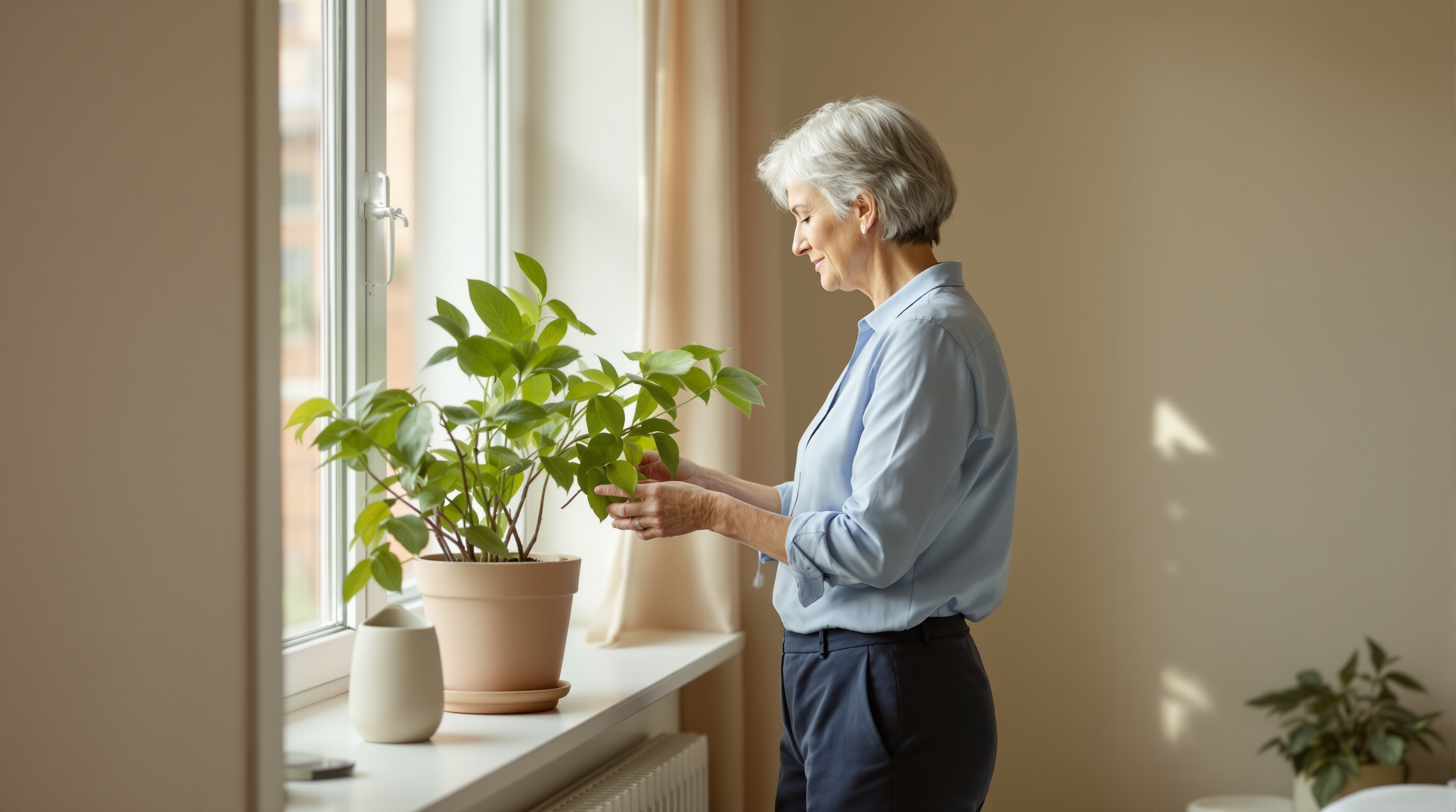 A woman in a blue shirt and navy trousers tends a houseplant in soft morning light