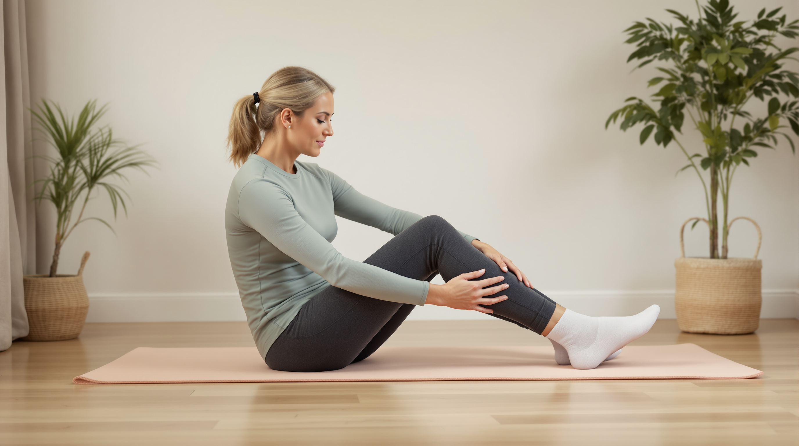 A woman in full-length athletic clothing sits on a padded bench and gently circles one ankle in a quiet stretching room