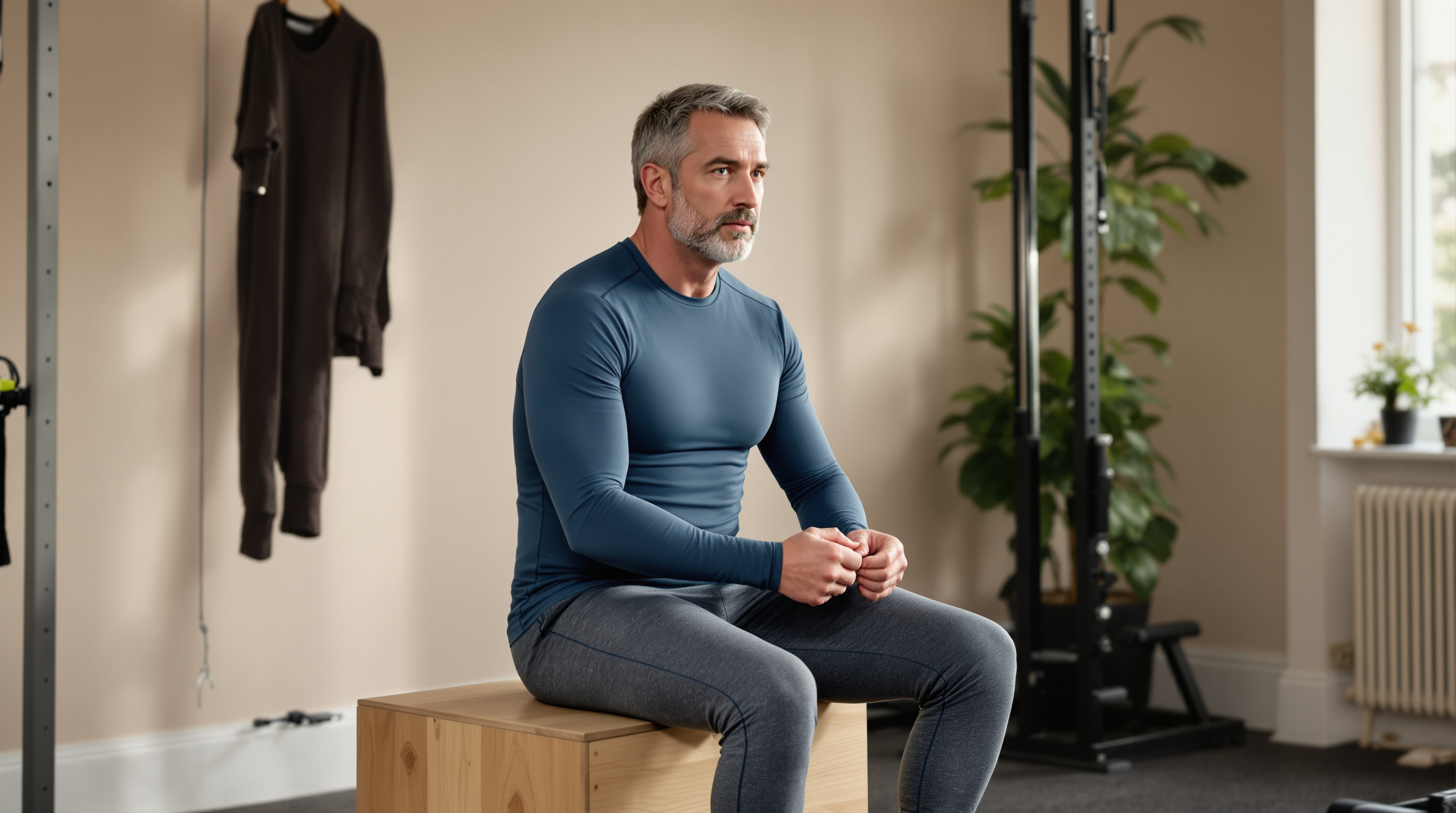 A man rests on a wooden box between strength sets in a quiet gym