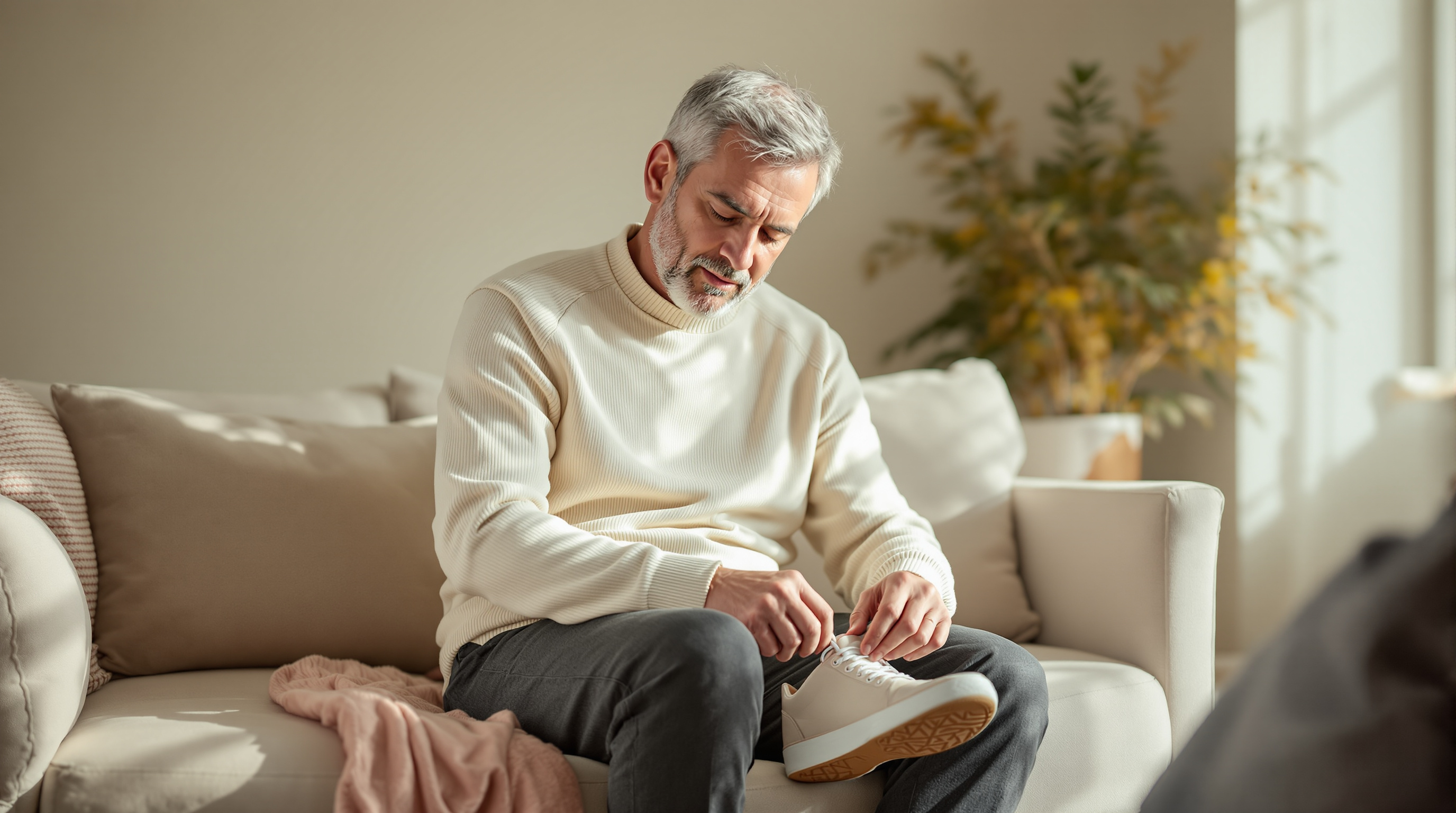 A middle-aged man in a knit jumper and trousers laces a walking shoe while seated on a sofa