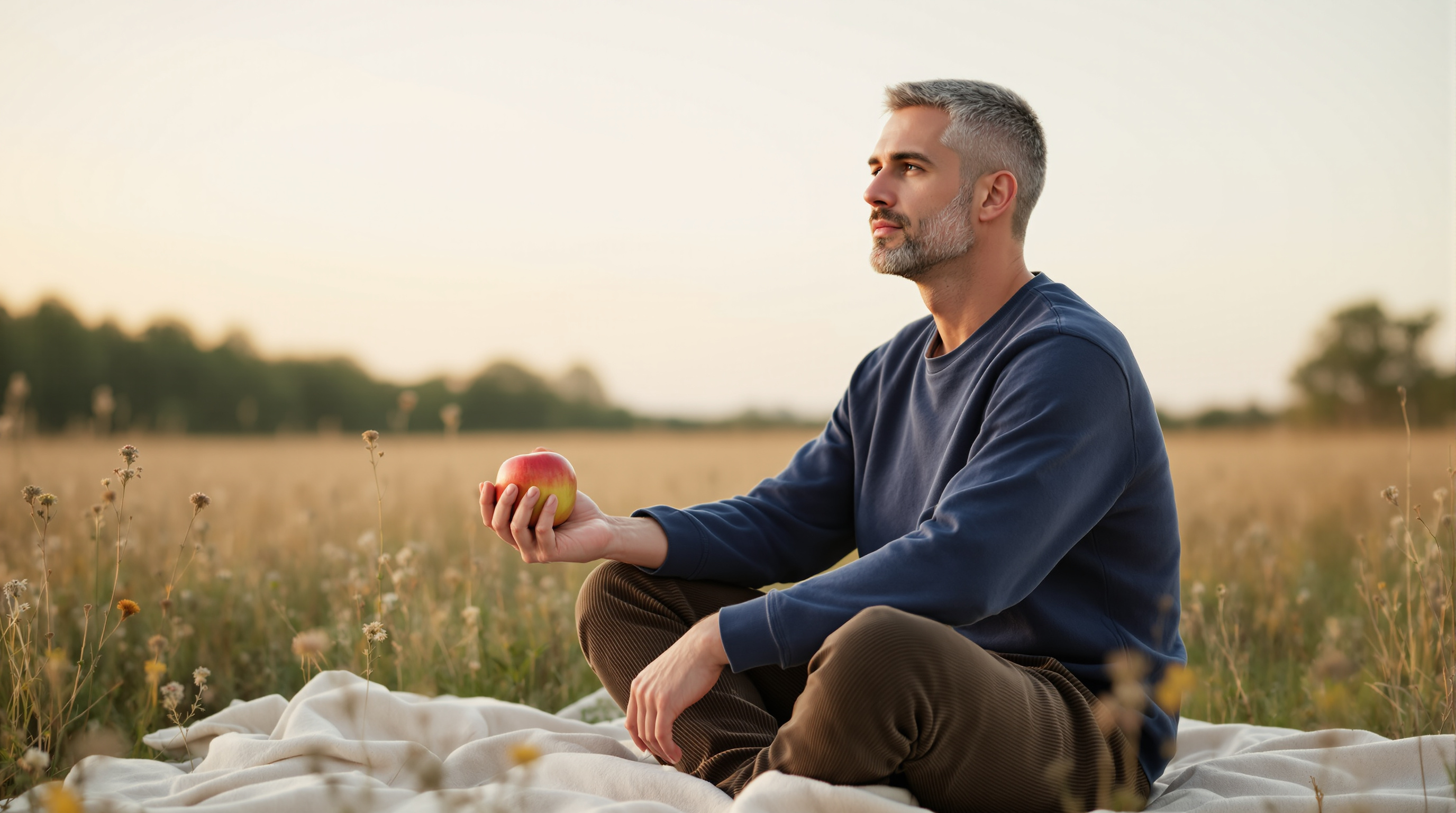 A man sits on a blanket in a meadow holding an apple