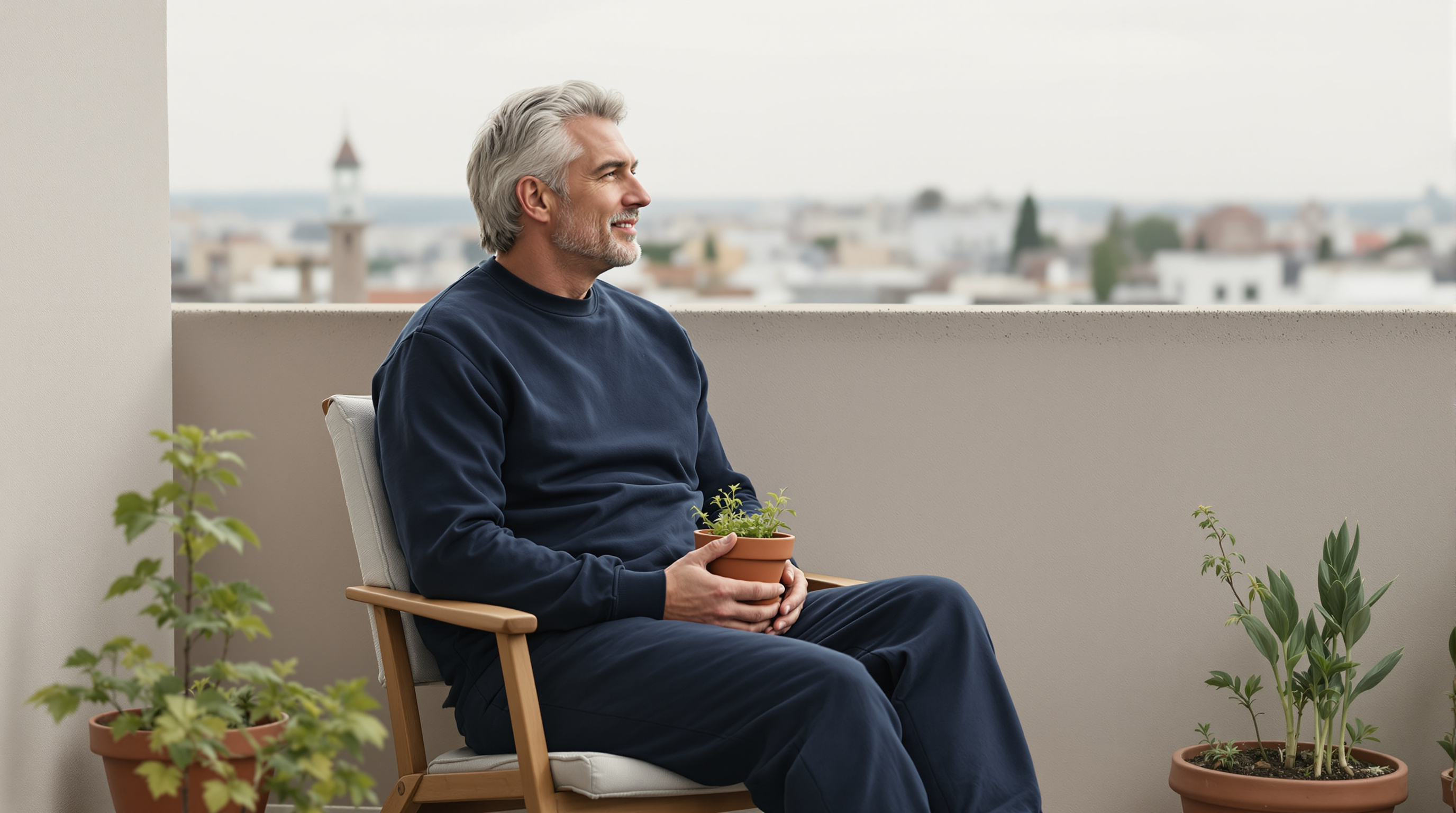 A man sits on a small balcony holding a pot of seedlings