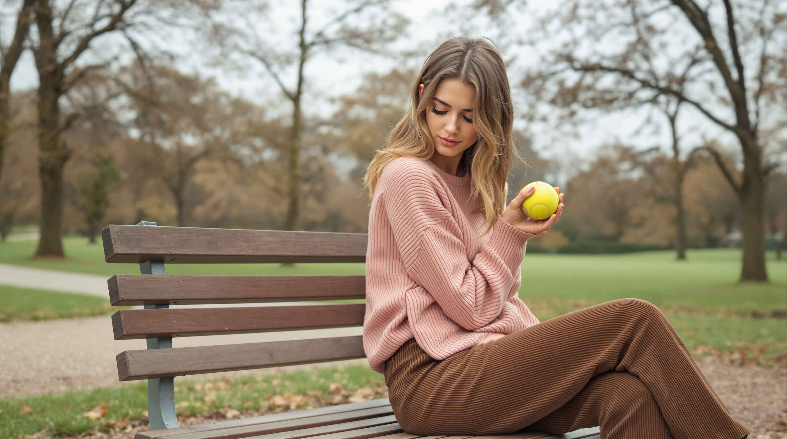 A woman sits on a park bench under trees holding a tennis ball