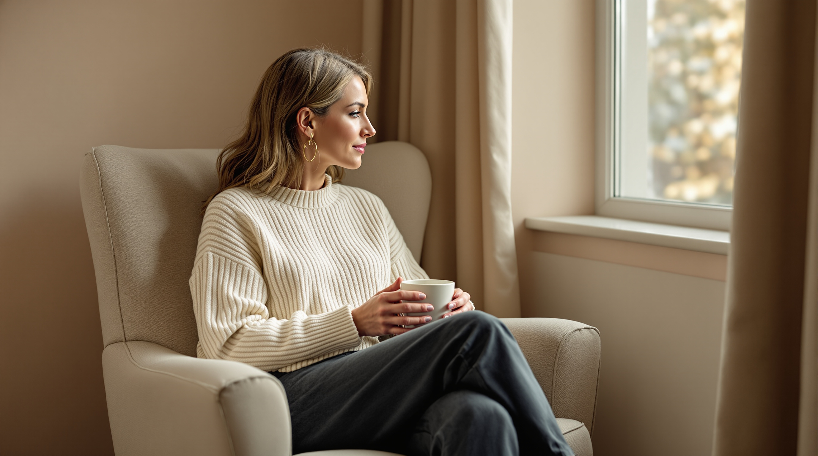 A woman in a cream sweater and charcoal trousers rests in an armchair beside a softly lit window