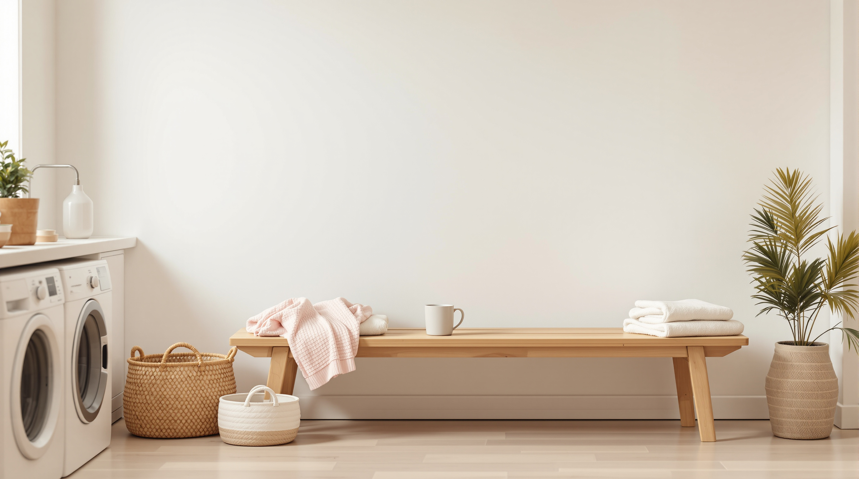 An empty bench in a utility room with a plain mug