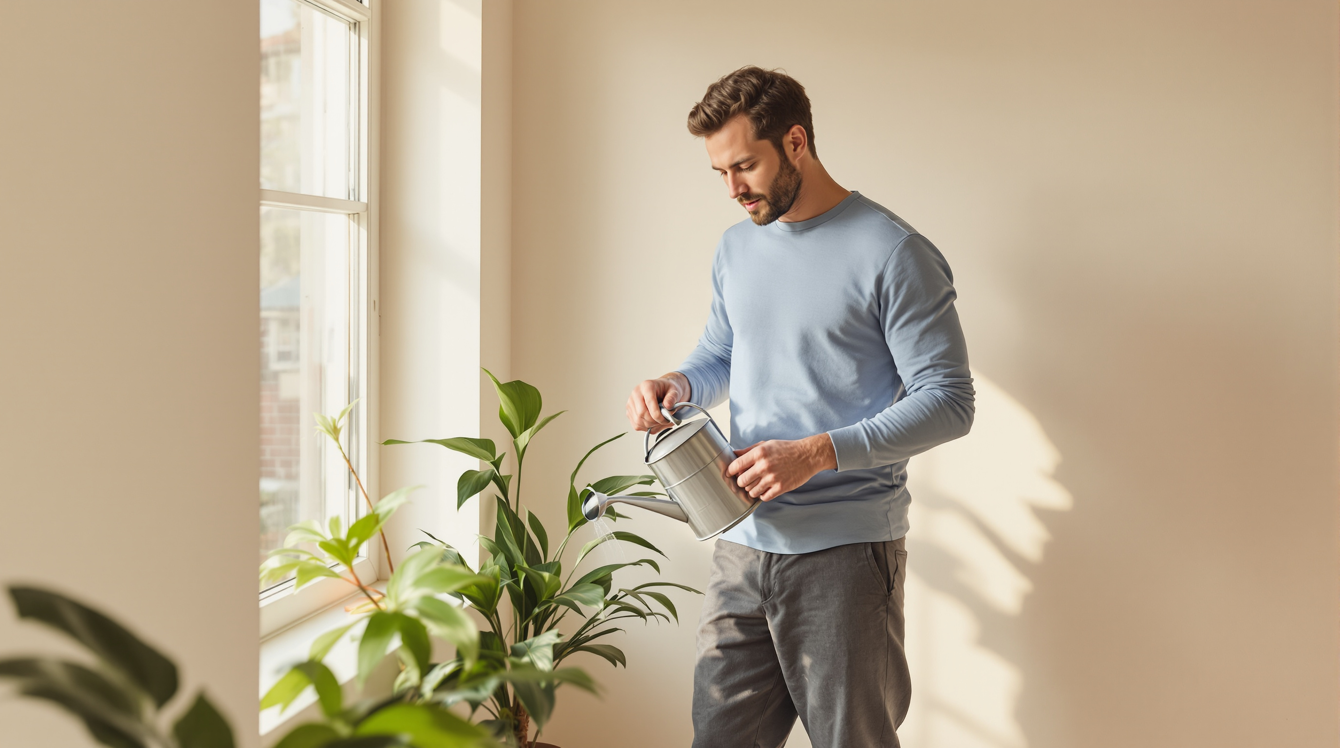A man waters a houseplant beside a window in soft morning light