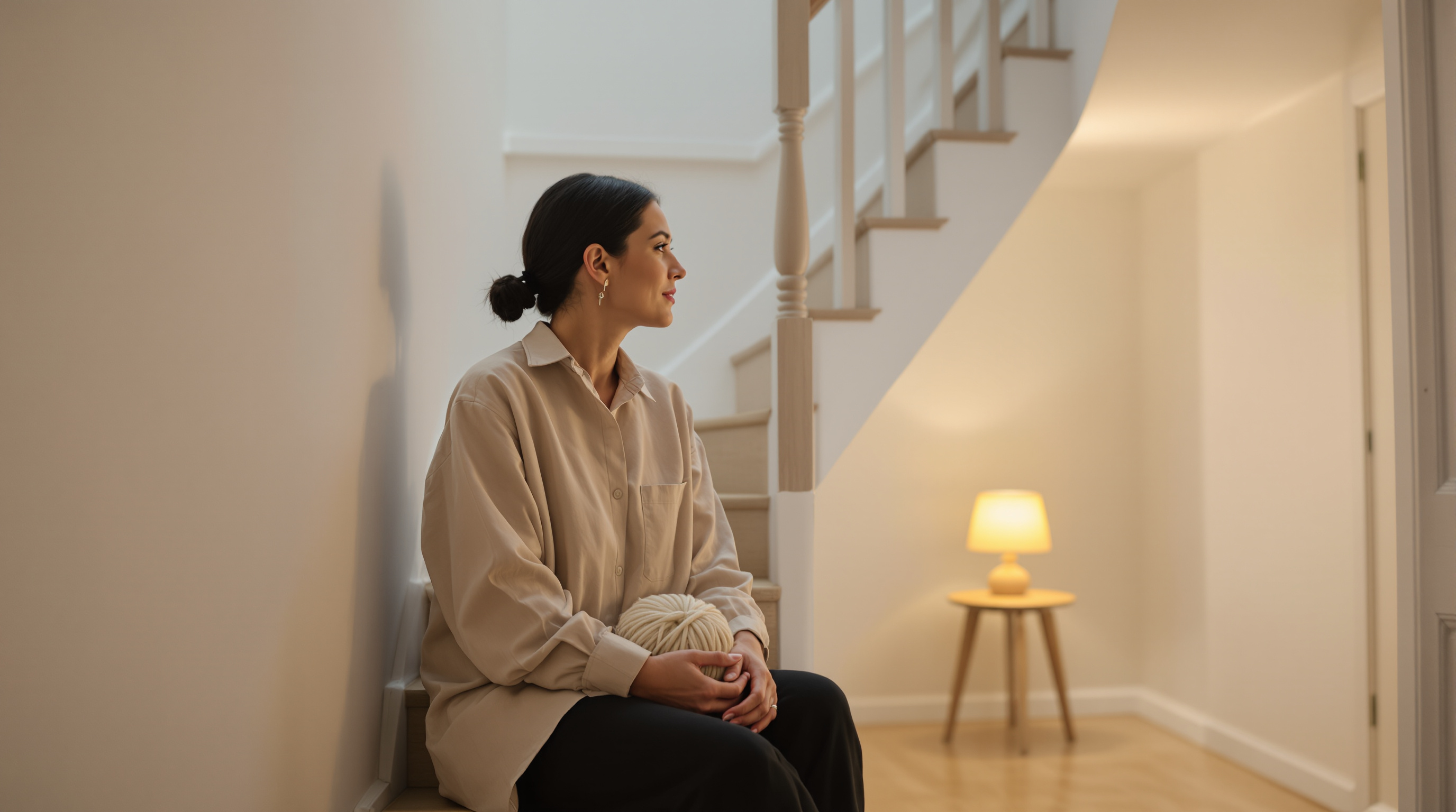 A woman sits on the bottom step of a staircase with a ball of yarn