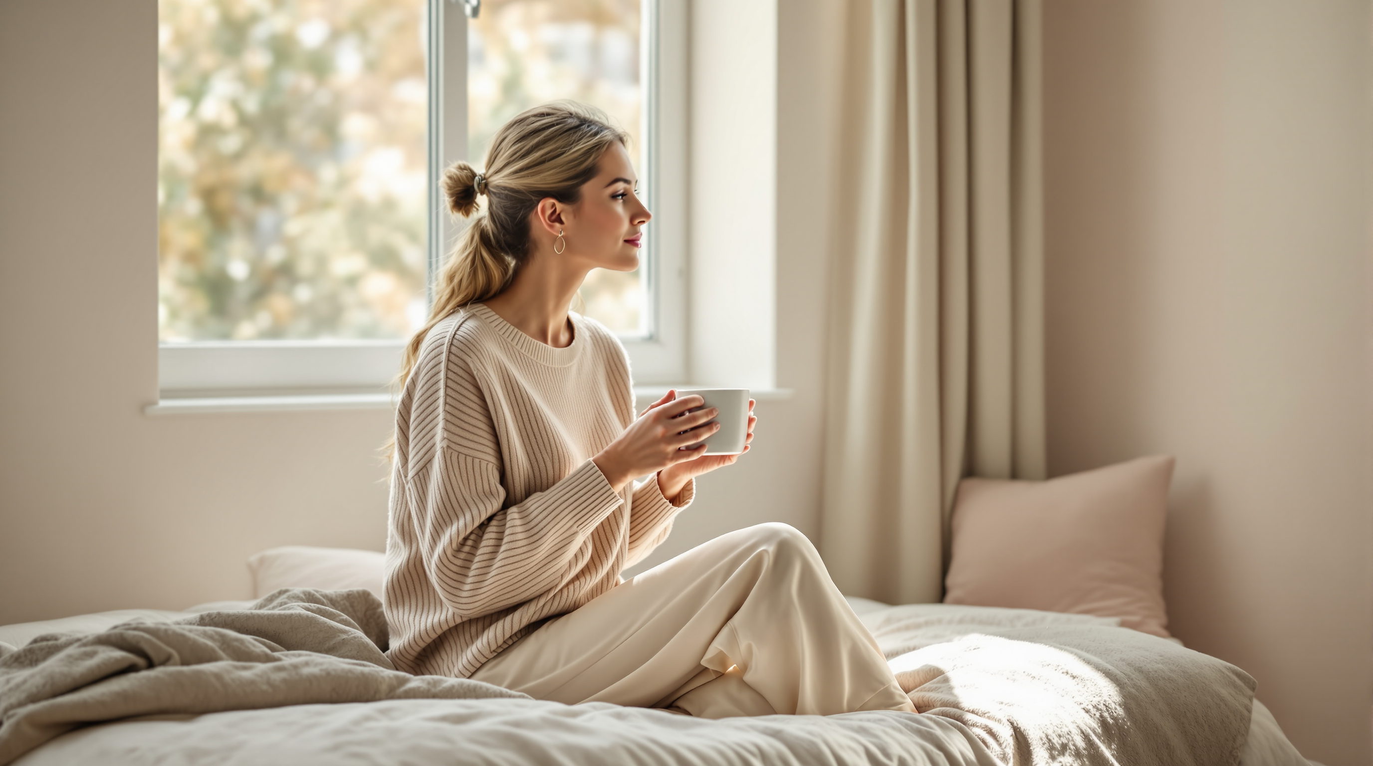 A woman in a long-sleeved knit sweater sits on the edge of a neatly made bed holding a mug in soft morning light