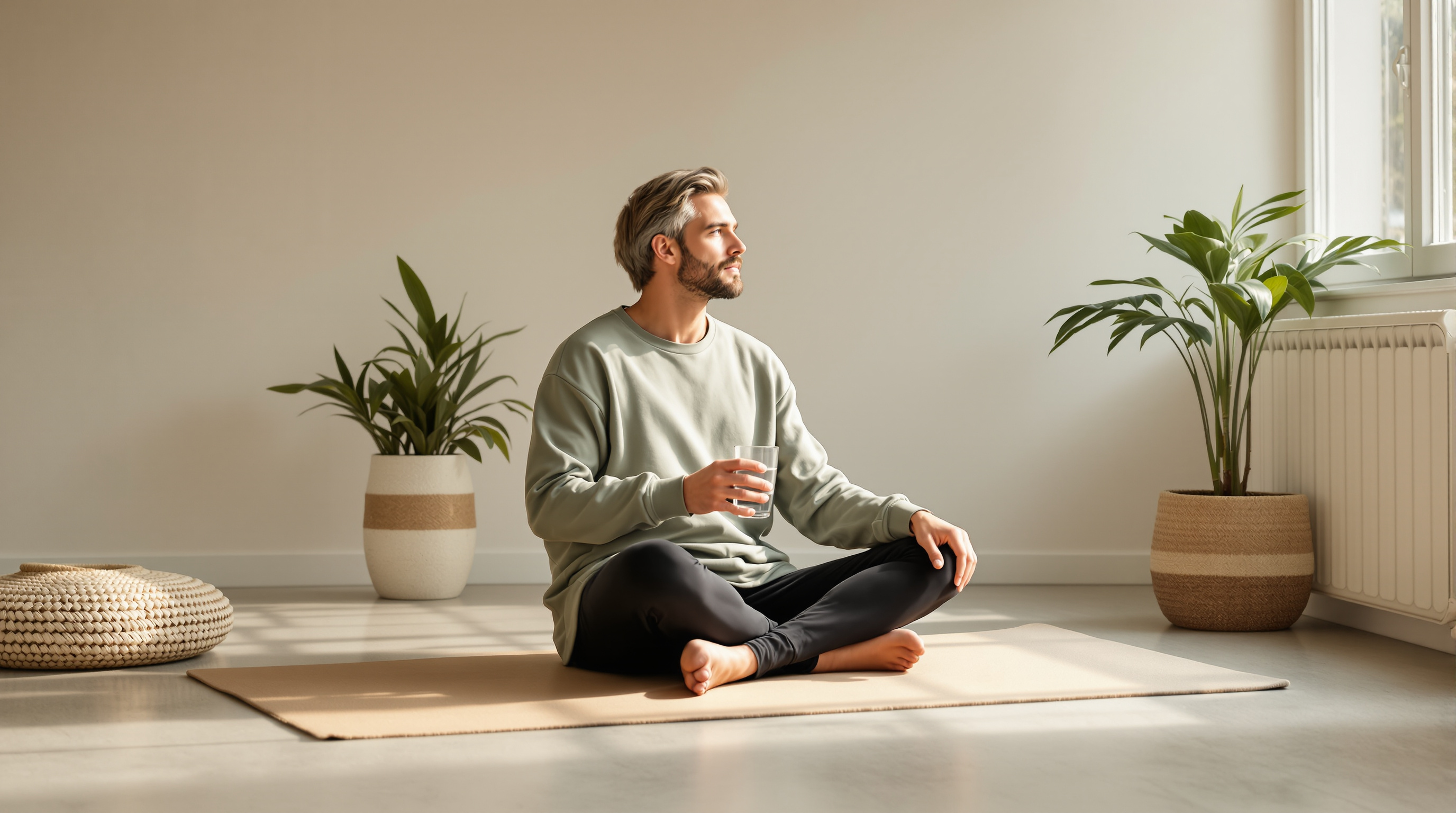 A man sits on a mat in a bright studio with a glass of water