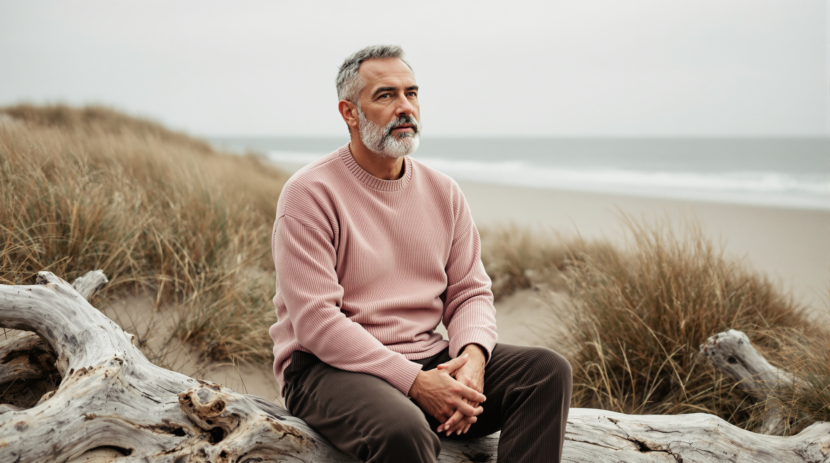 A man sits on a driftwood log above a quiet beach with a folded scarf