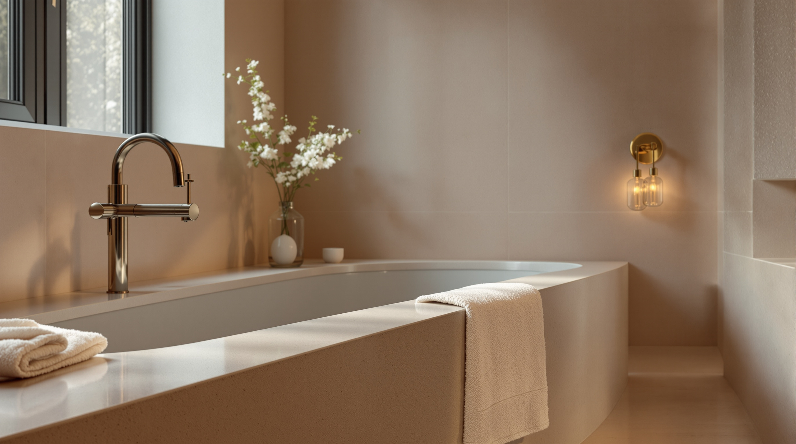 The edge of a bath in a calm bathroom