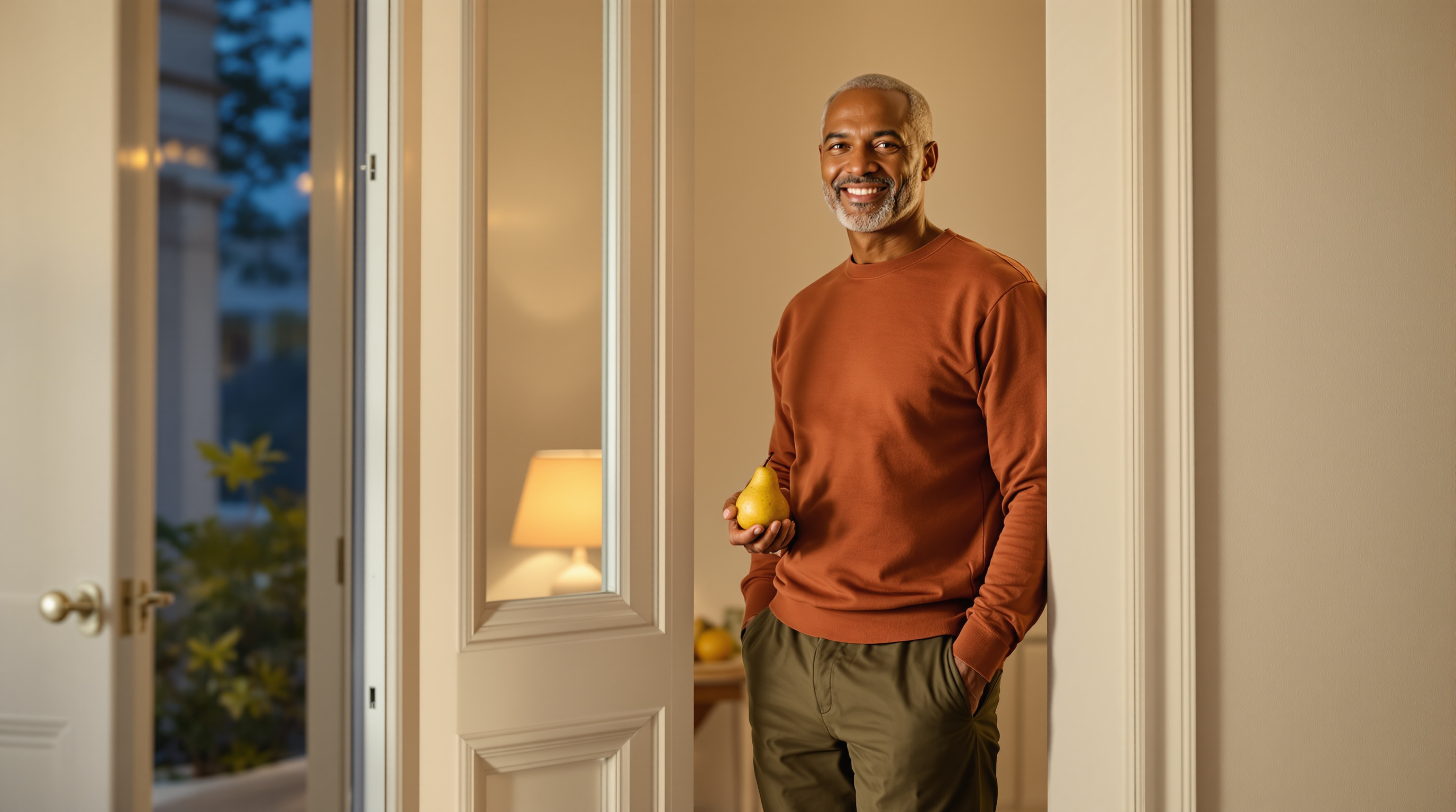 A man stands in an open doorway holding a pear