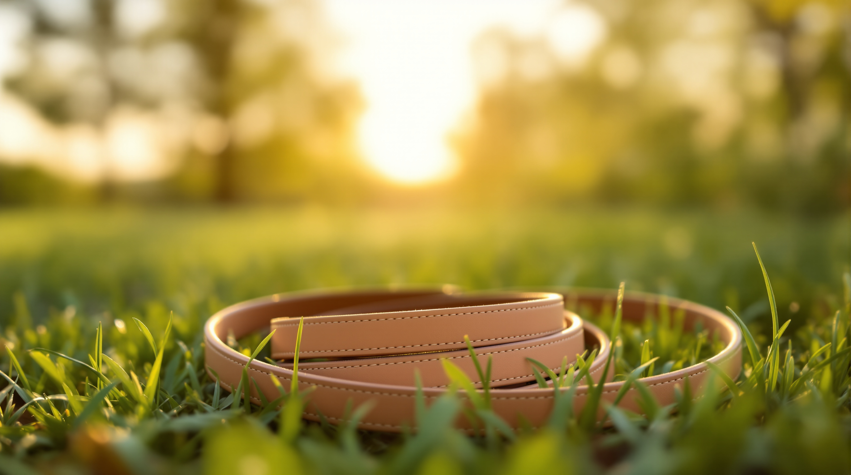 A plain leather dog lead coiled on grass, a close view