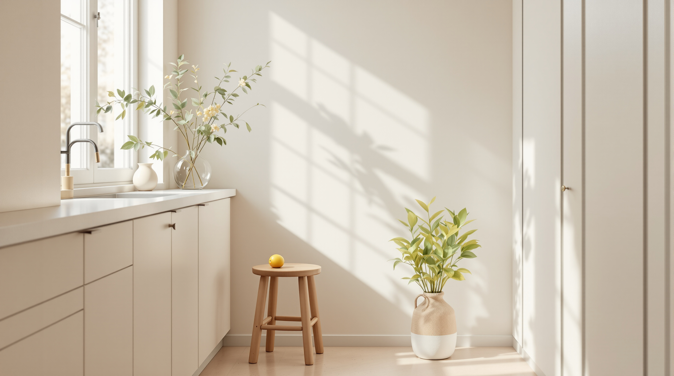 An empty stool beside a kitchen window with a lemon