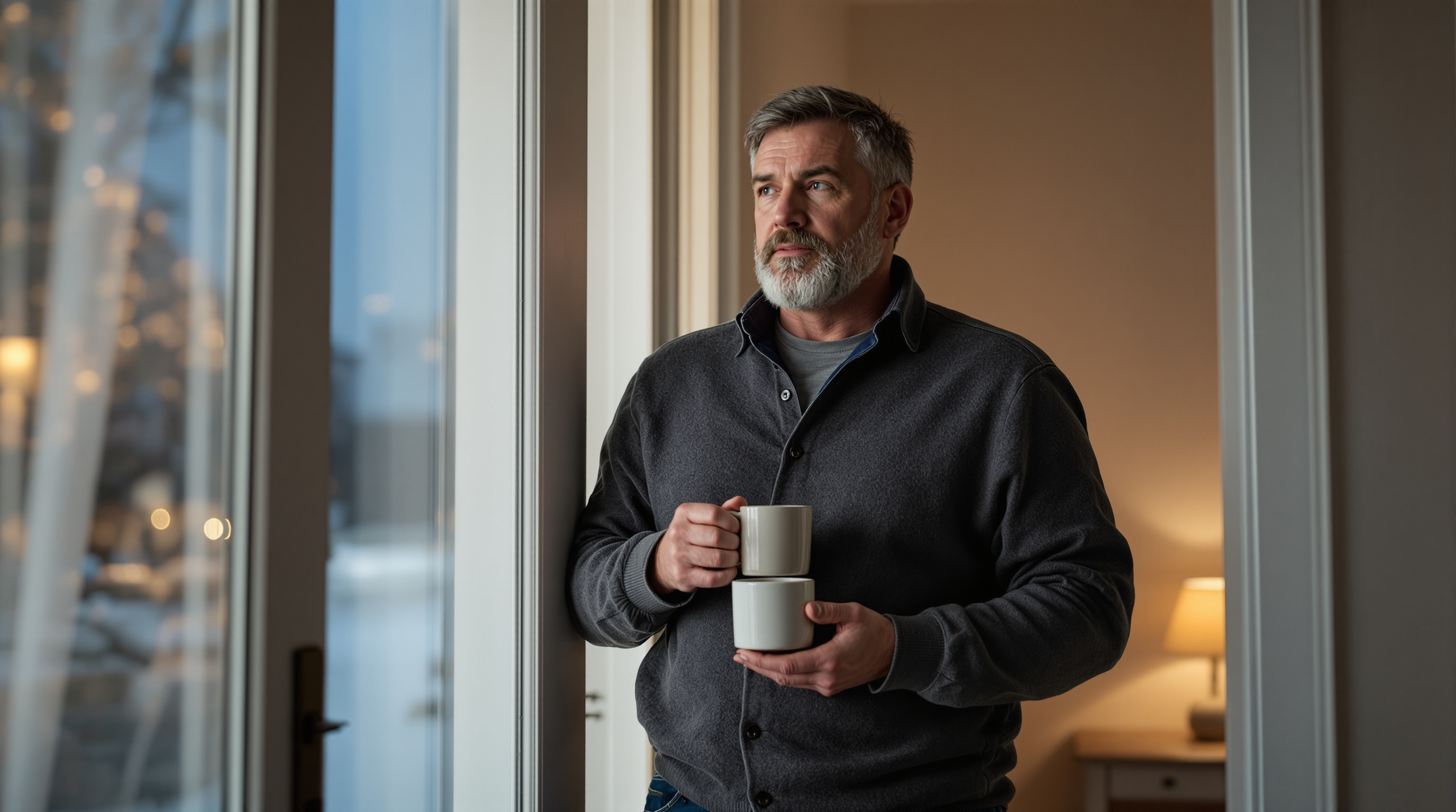 A man stands in an open doorway with a plain mug
